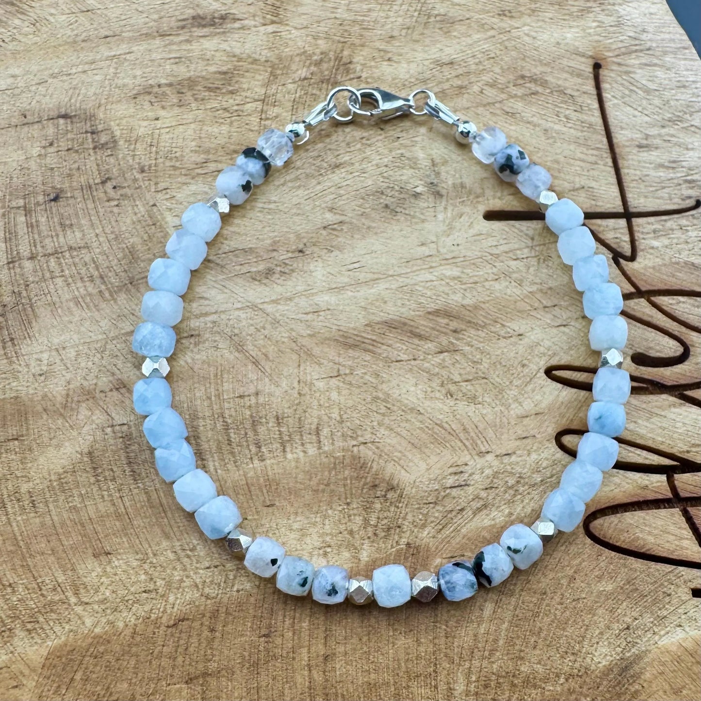 Aquamarine Lapis Moonstone Bracelet, Rainbow Moonstone Bracelet, Sterling Silver Beaded Gemstone Bracelet