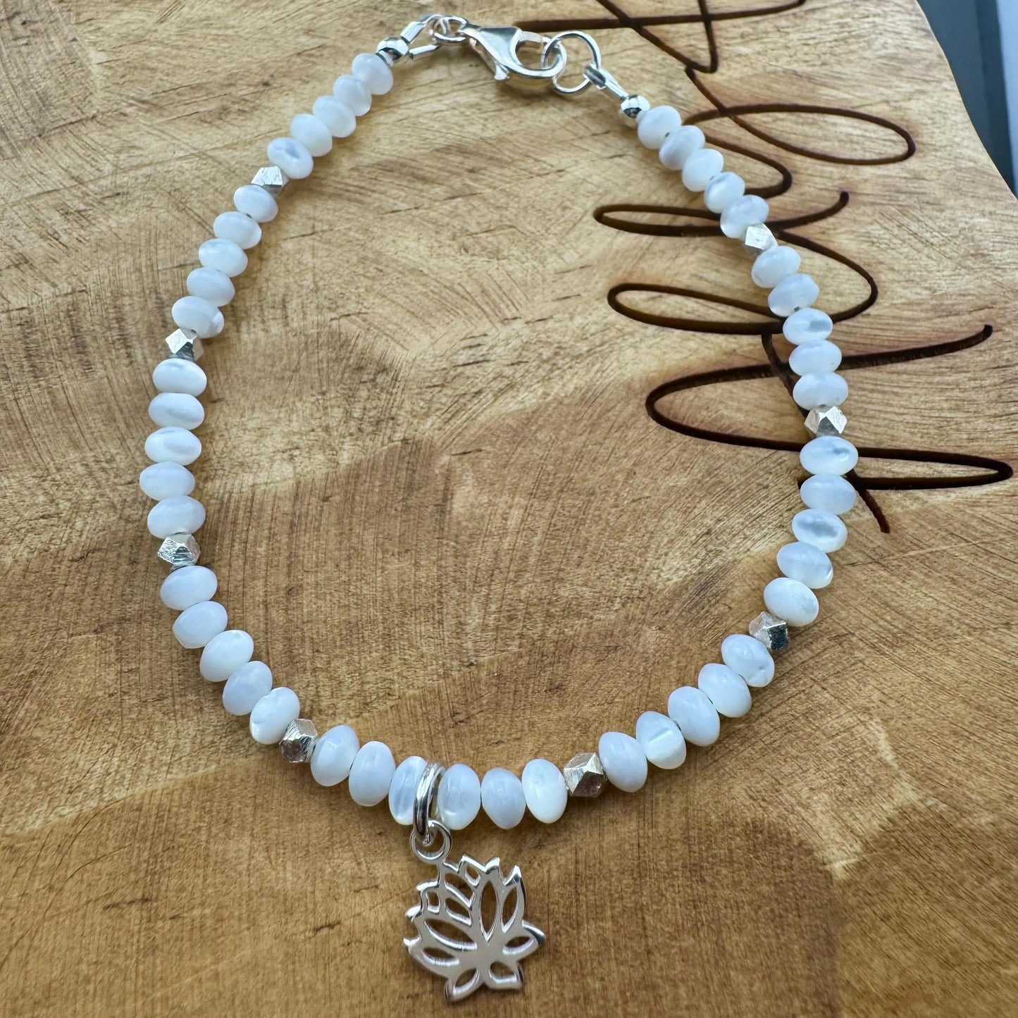 Mother of Pearl bracelet with lotus flower charm/ sterling silver beaded gemstone bracelet