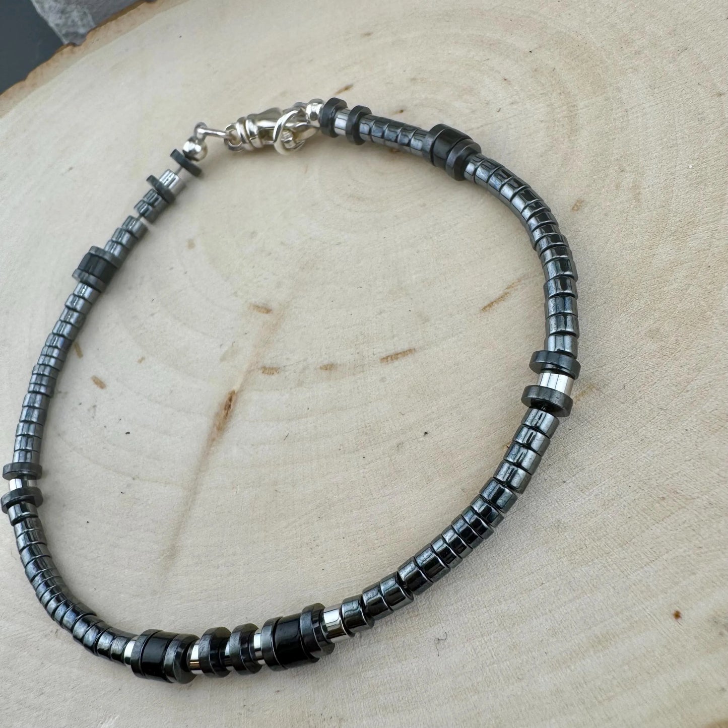 Hematite and Black Onyx Bracelet, Sterling Silver Beaded Bracelet, Gemstone Jewelry, Men's Bracelet, Gift for Him