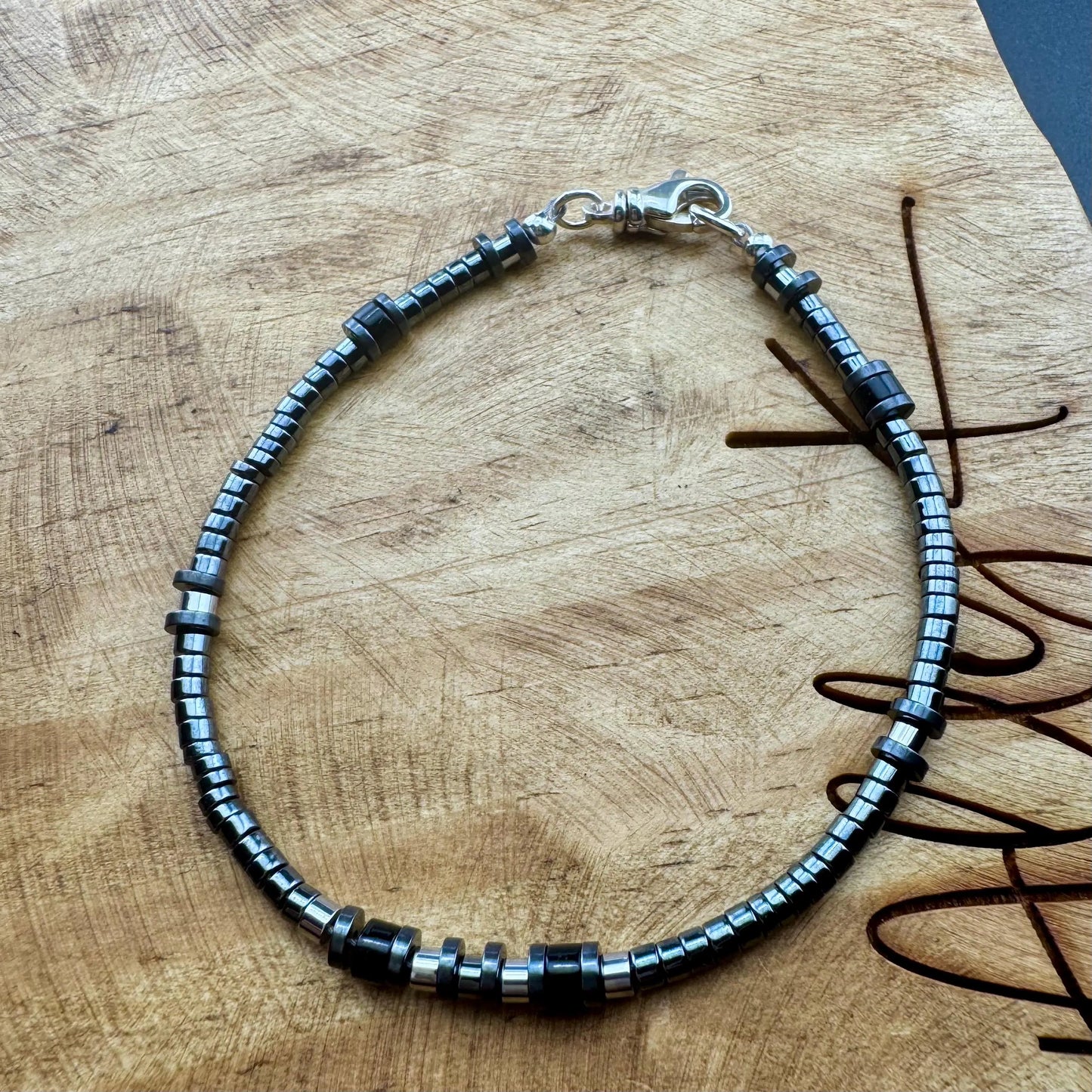 Hematite and Black Onyx Bracelet, Sterling Silver Beaded Bracelet, Gemstone Jewelry, Men's Bracelet, Gift for Him