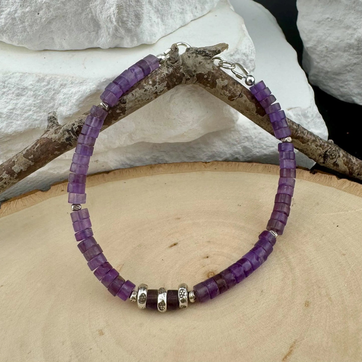 Amethyst Gemstone Beaded Bracelet, Sterling Silver Bracelet