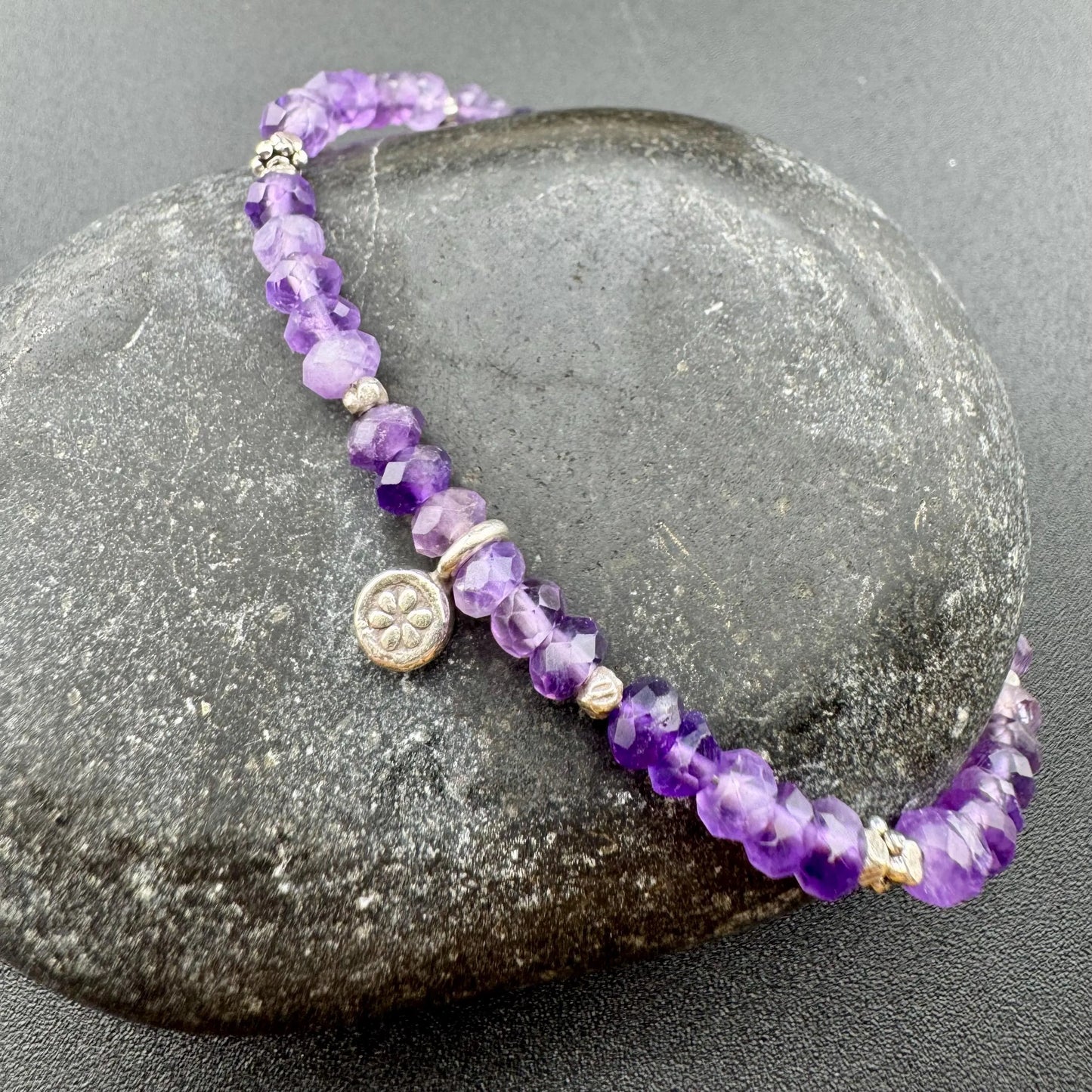 Purple Amethyst Sterling Silver Beaded Bracelet, Gemstone Bracelet