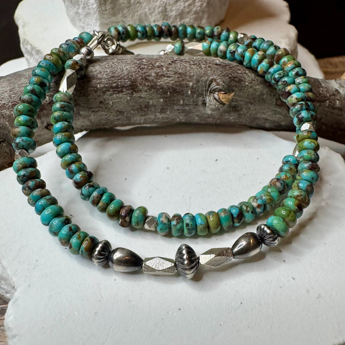 Turquoise Navajo Pearl Double Wrap Bracelet, Sterling Silver Bracelet, Southwest Jewelry, Western Jewelry, Layered Bracelet