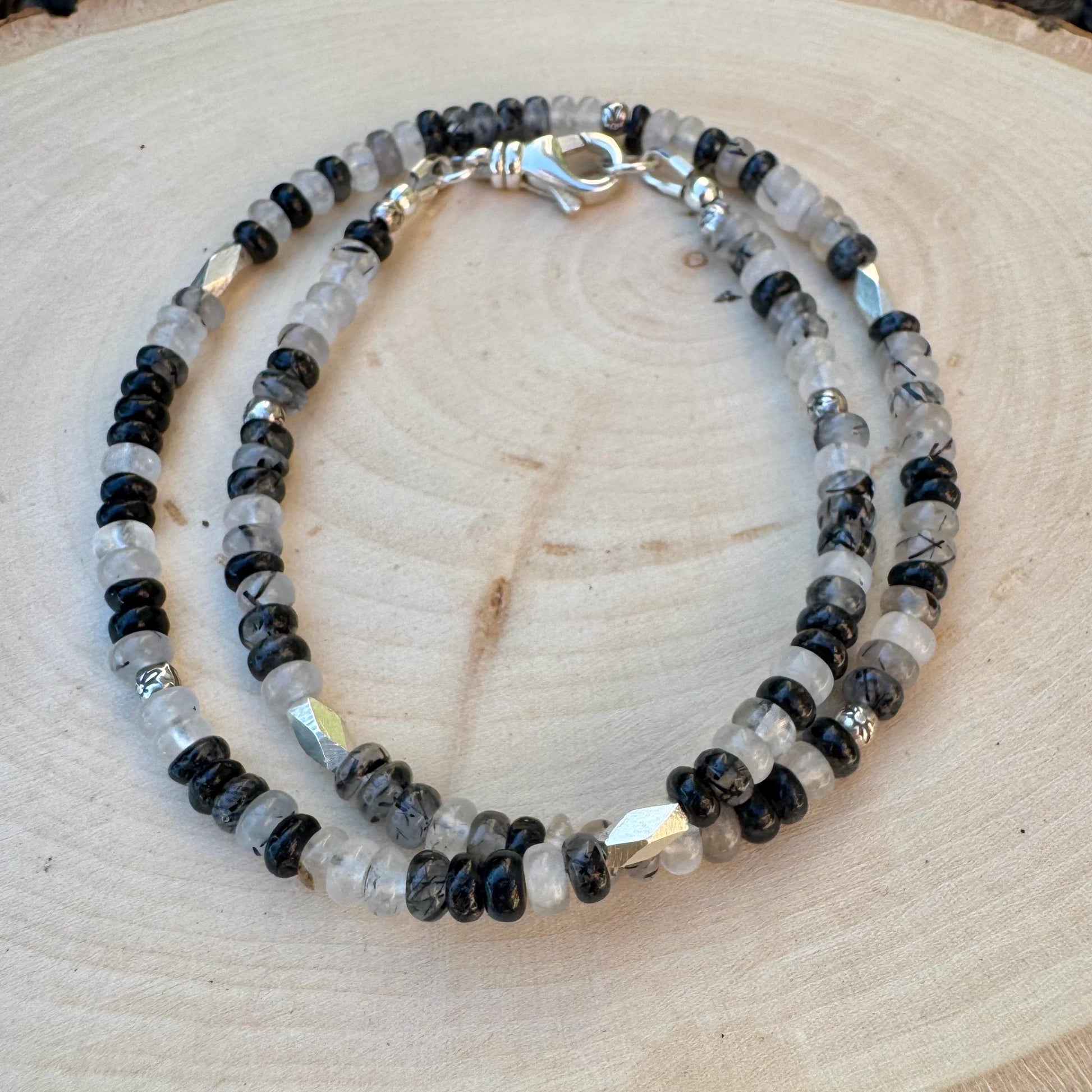 Black Tourmaline Rutilated Quartz Double Wrap Bracelet, Unique Sterling Silver Gemstone Bracelet, Tourmaline Bracelet, Gift Idea
