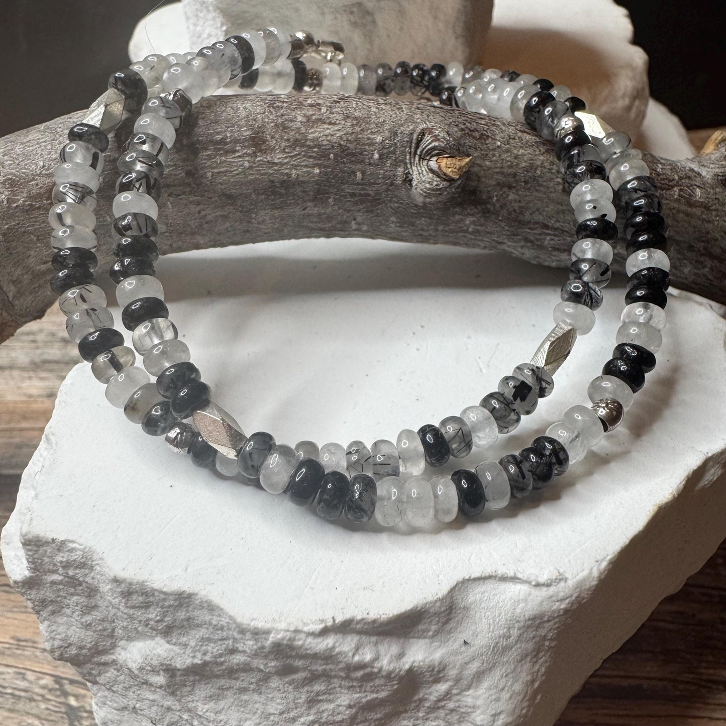 Black Tourmaline Rutilated Quartz Double Wrap Bracelet, Unique Sterling Silver Gemstone Bracelet, Tourmaline Bracelet, Gift Idea