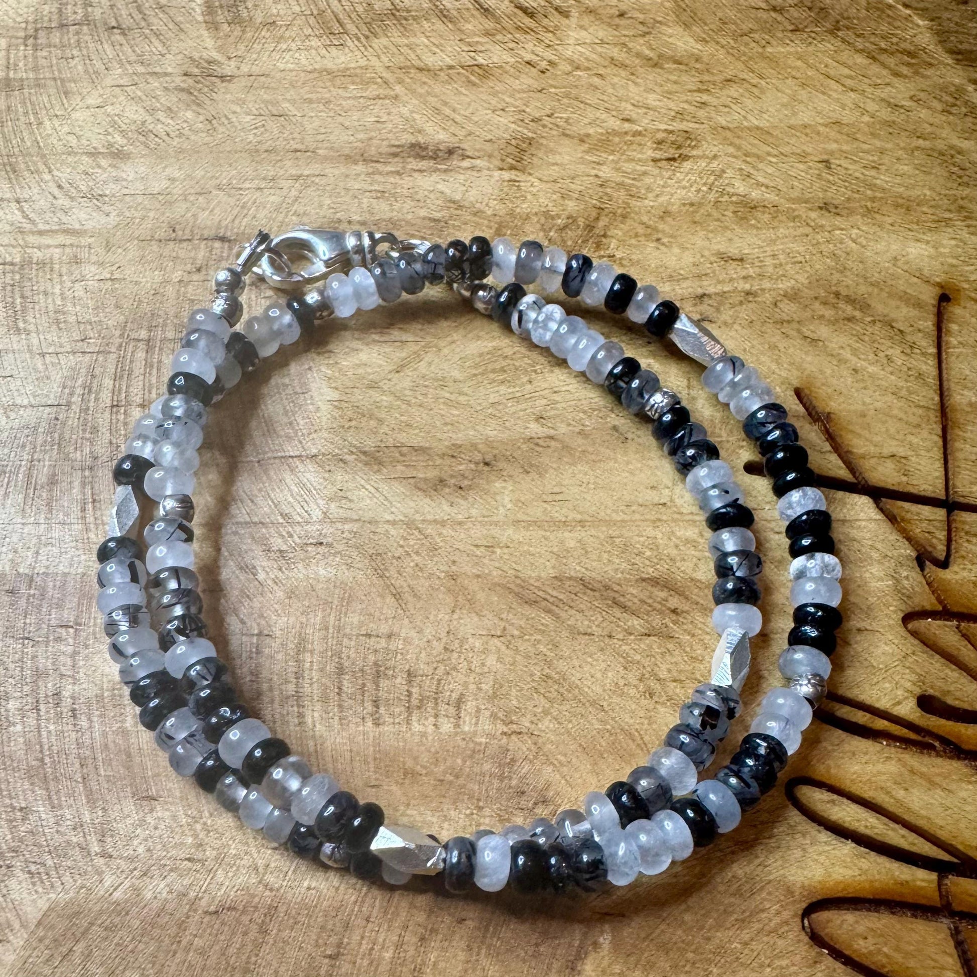 Black Tourmaline Rutilated Quartz Double Wrap Bracelet, Unique Sterling Silver Gemstone Bracelet, Tourmaline Bracelet, Gift Idea