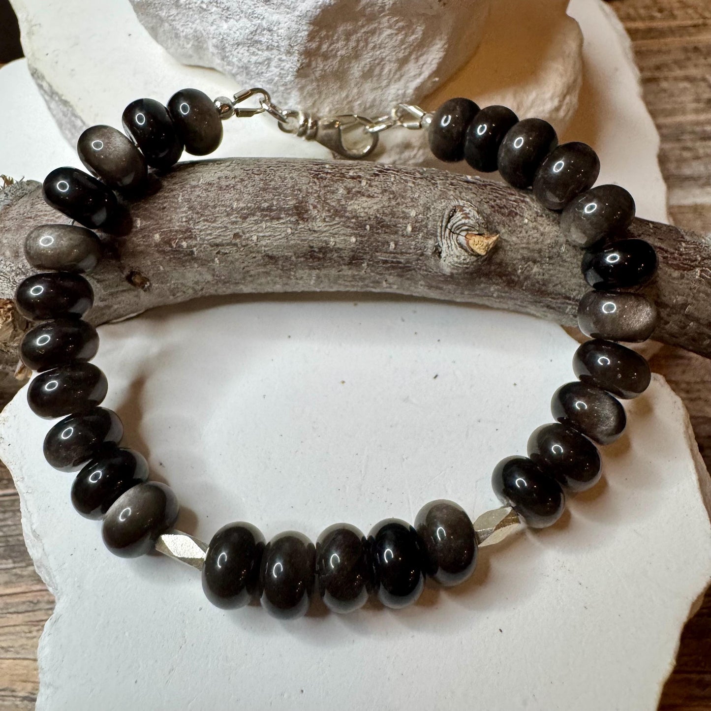 Sterling Silver Obsidian Bracelet, Sterling Silver Beaded Bracelet, Sterling Silver Obsidian Bracelet