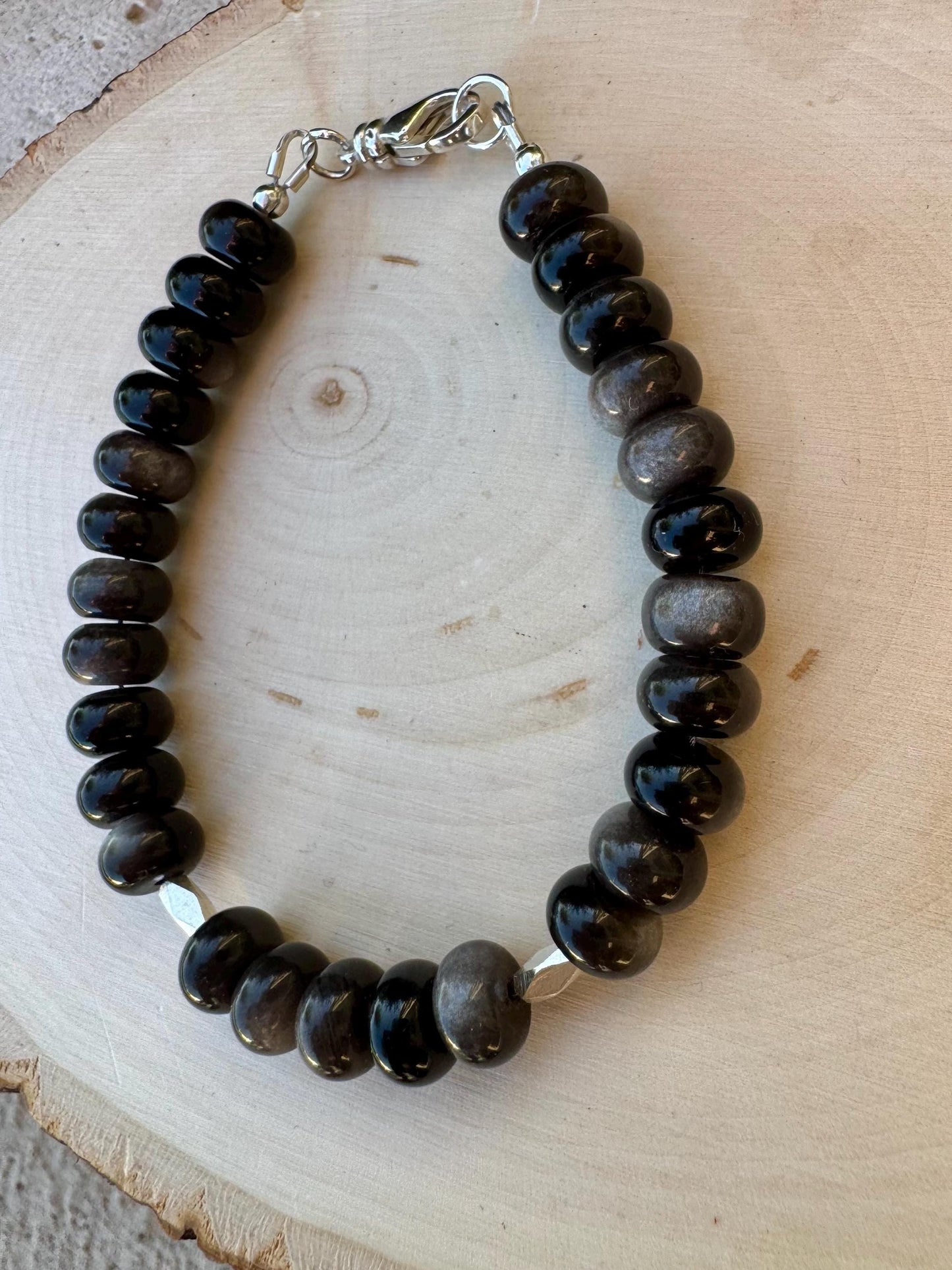Sterling Silver Obsidian Bracelet, Sterling Silver Beaded Bracelet, Sterling Silver Obsidian Bracelet
