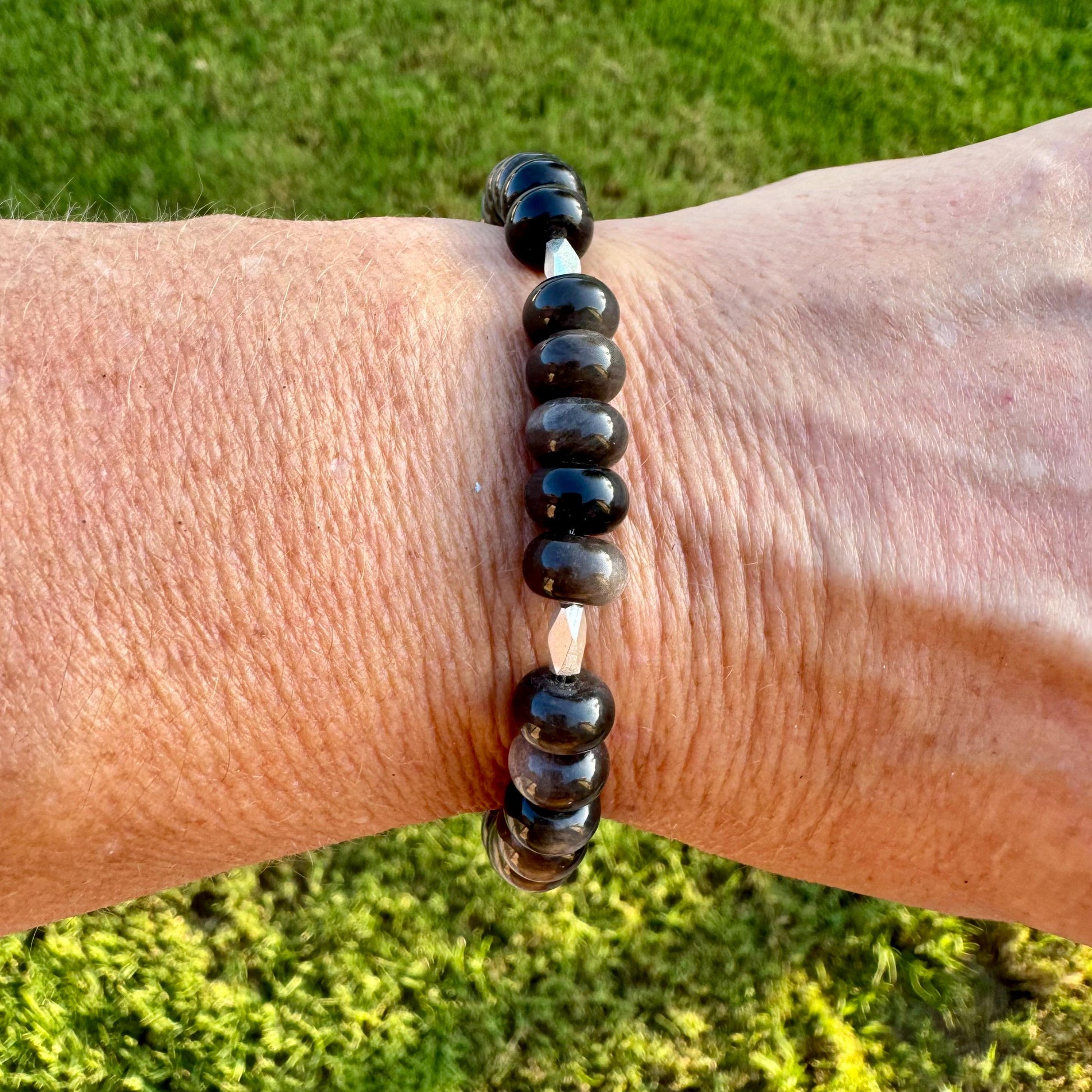 Sterling Silver Obsidian Bracelet, Sterling Silver Beaded Bracelet, Sterling Silver Obsidian Bracelet