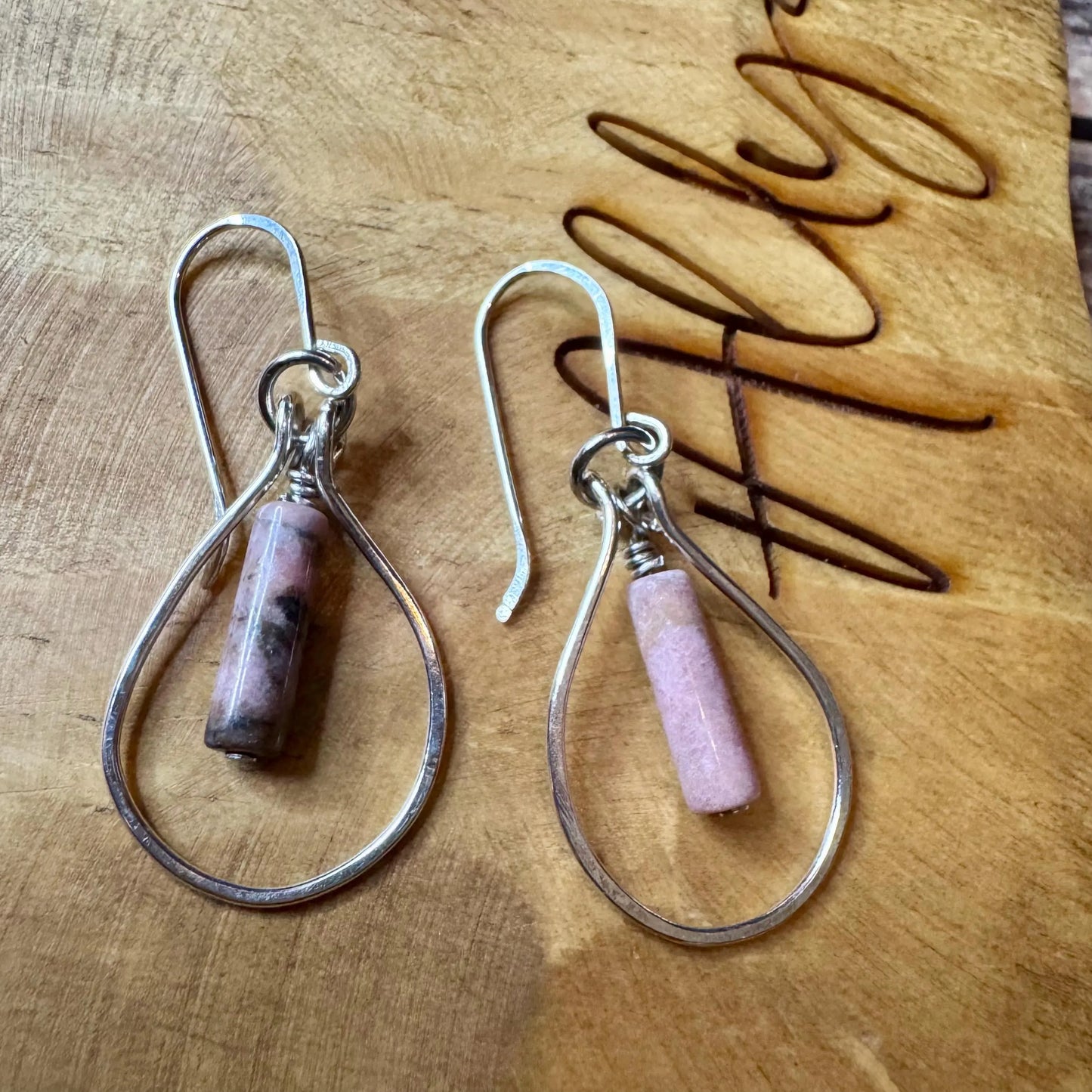 Rhodonite Teardrop Earrings: Sterling Silver Dangle, Black Pink Gemstone