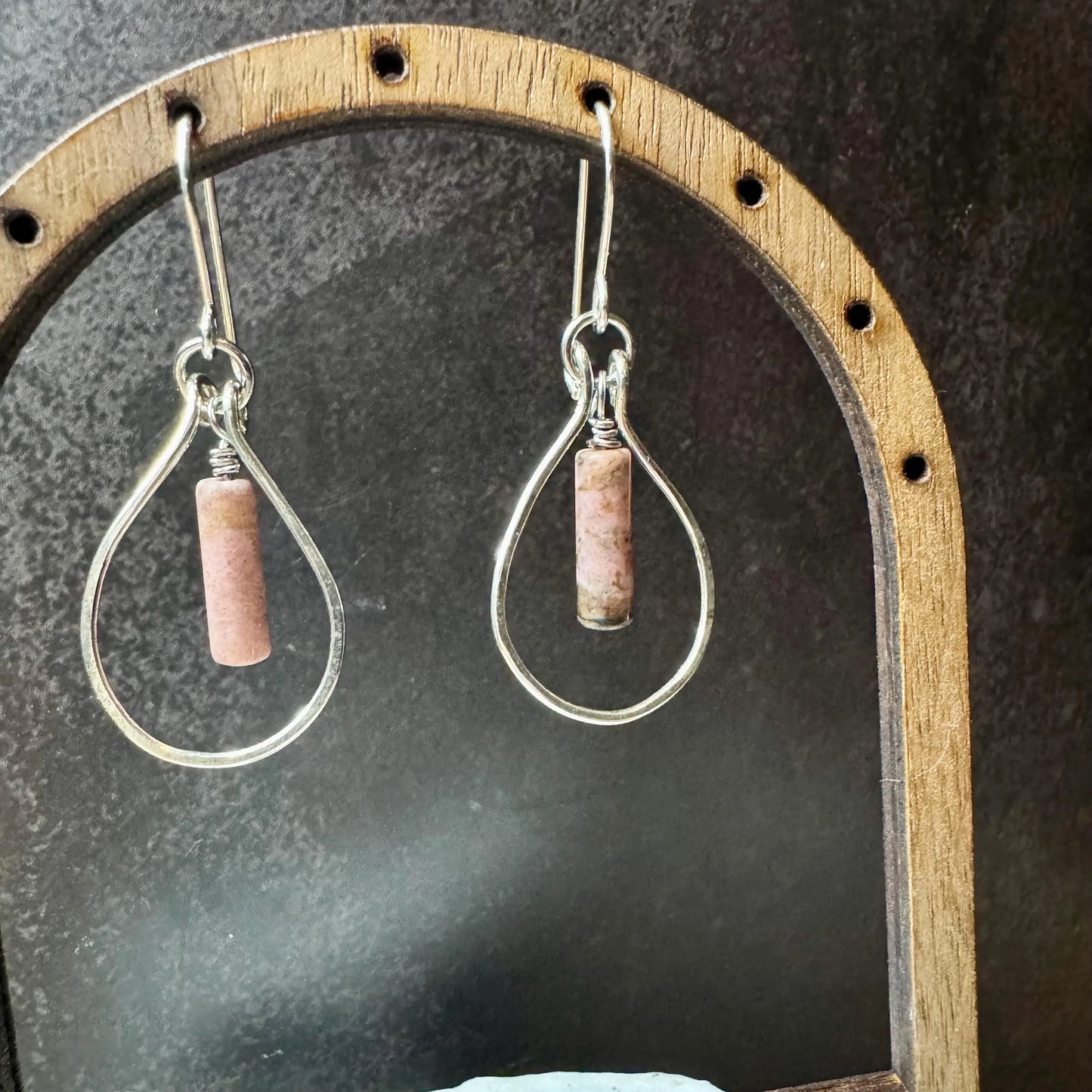 Rhodonite Teardrop Earrings: Sterling Silver Dangle, Black Pink Gemstone