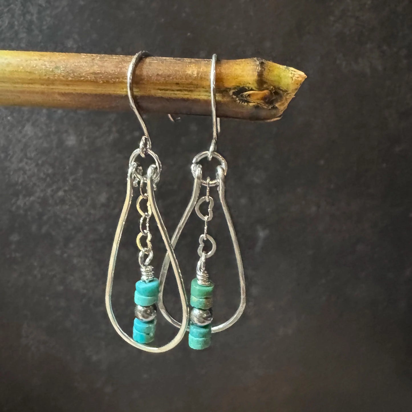 Turquoise Navajo Pearl Earrings, Sterling Silver Heart Chain Teardrop Dangle Earrings