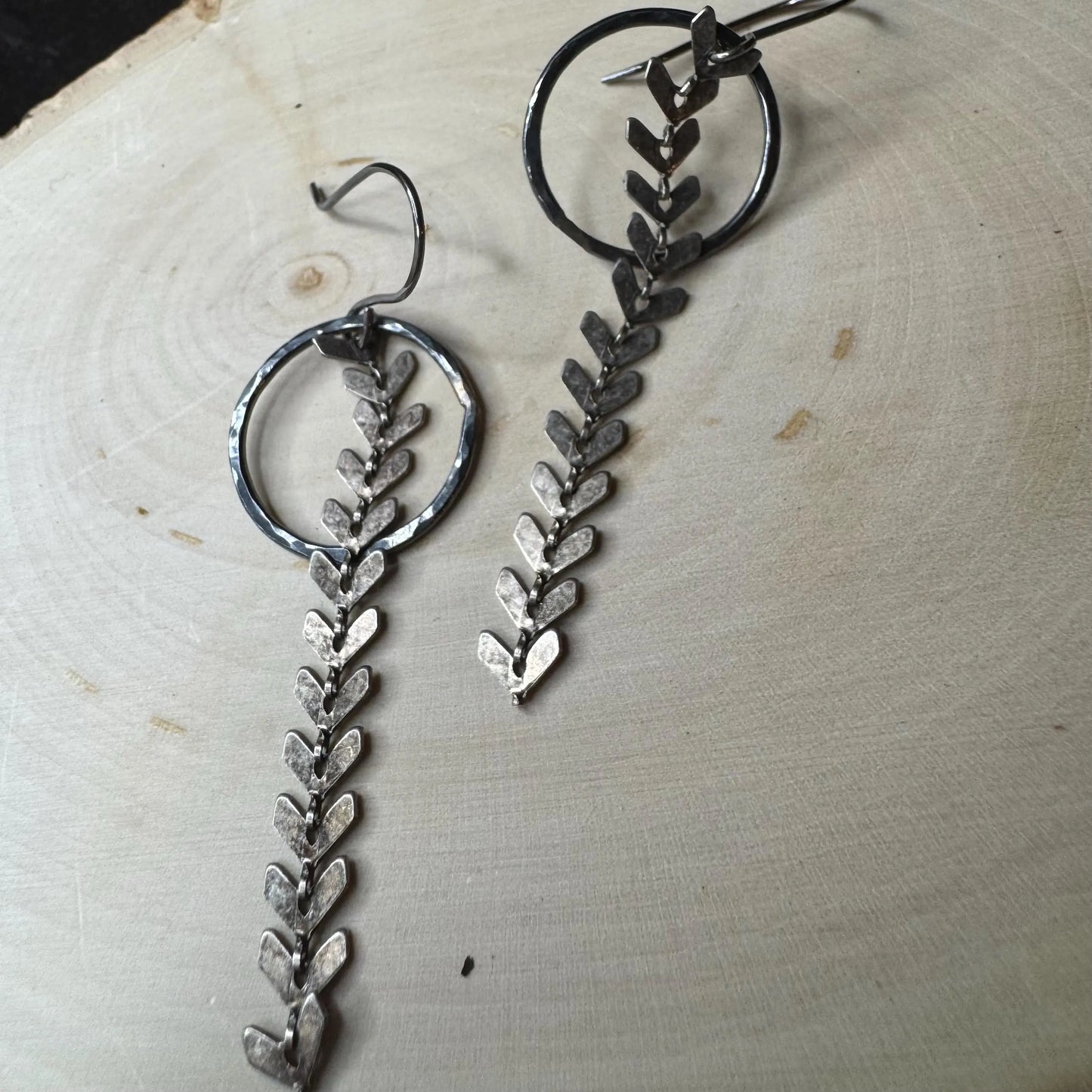 Chevron Chain Earrings, Sterling Silver Circle Accent Earrings
