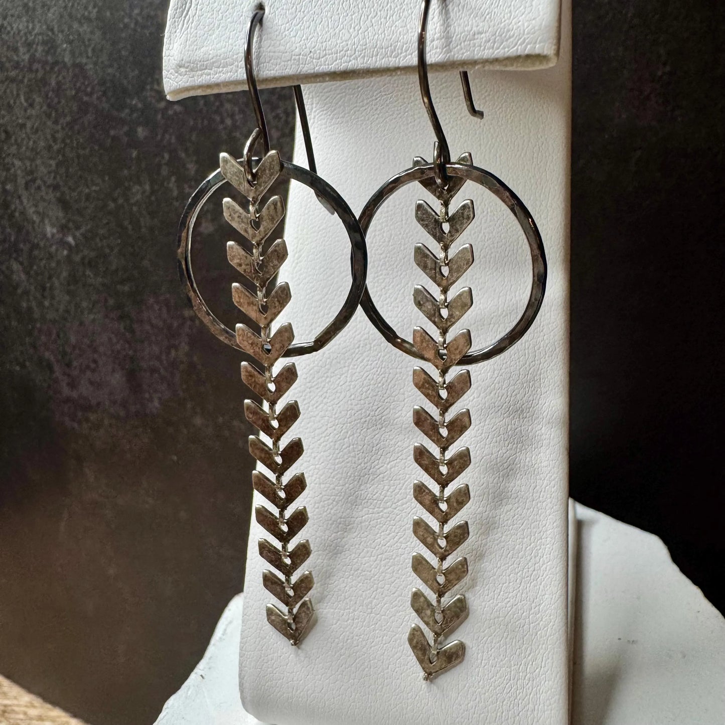 Chevron Chain Earrings, Sterling Silver Circle Accent Earrings