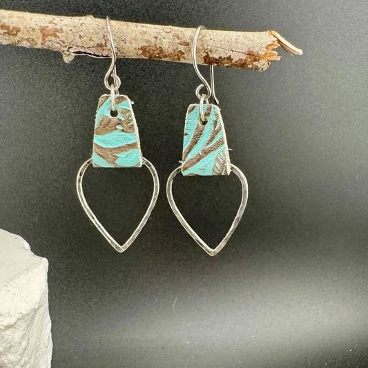 Turquoise Leather Earrings, Teardrop Earrings, Hammered Style, Genuine Leather Earrings, Women's Gift, Stylish Jewelry