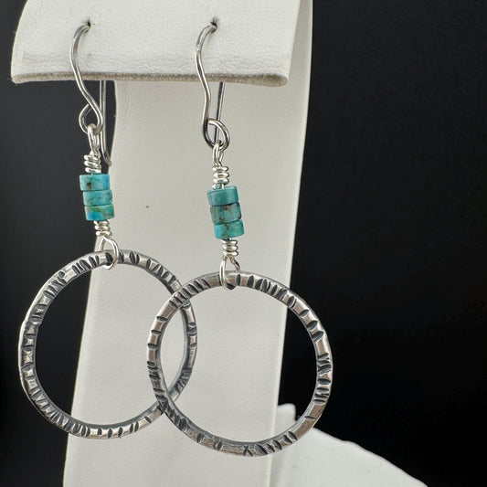 Turquoise Earrings, Sterling Silver Circles, Handmade Jewelry, Turquoise Jewelry, Circle Earrings
