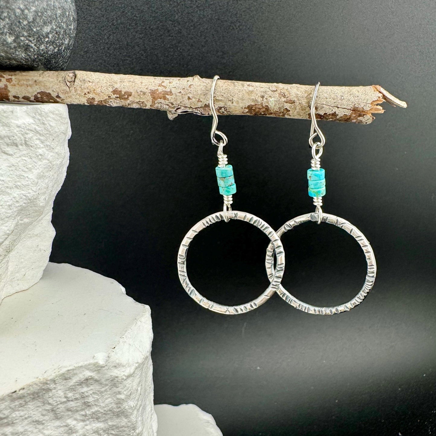Turquoise Earrings, Sterling Silver Circles, Handmade Jewelry, Turquoise Jewelry, Circle Earrings