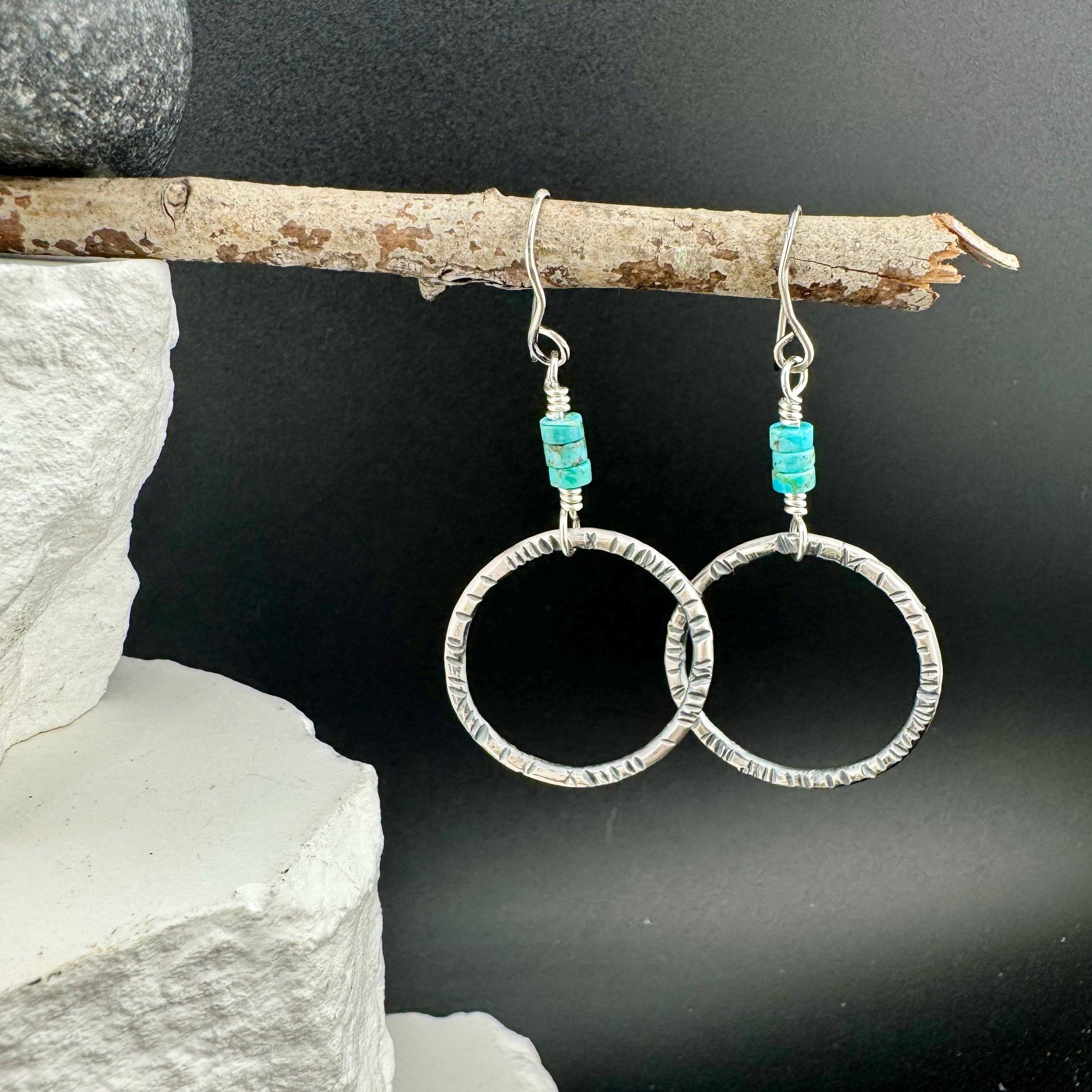 Turquoise Earrings, Sterling Silver Circles, Handmade Jewelry, Turquoise Jewelry, Circle Earrings