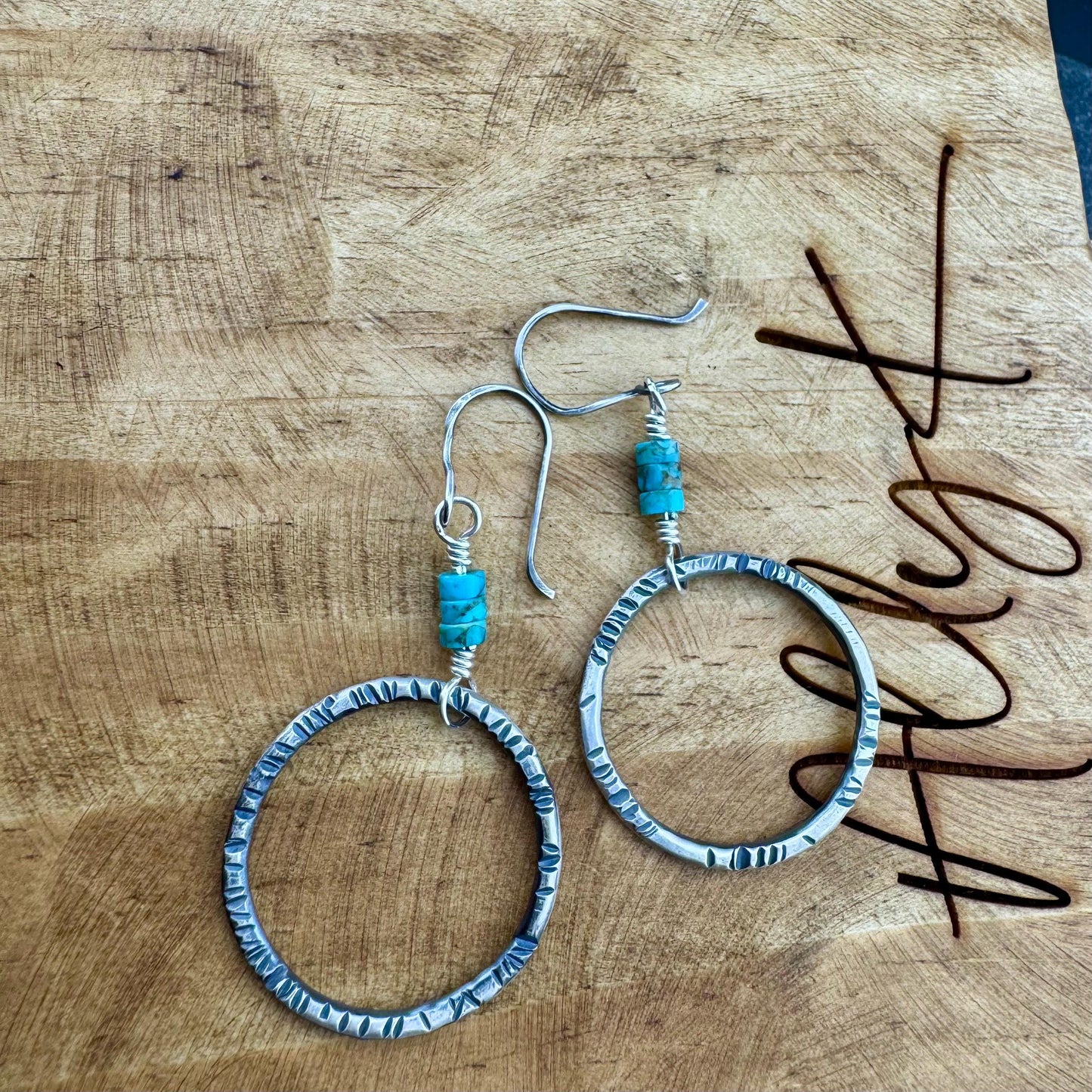 Turquoise Earrings, Sterling Silver Circles, Handmade Jewelry, Turquoise Jewelry, Circle Earrings