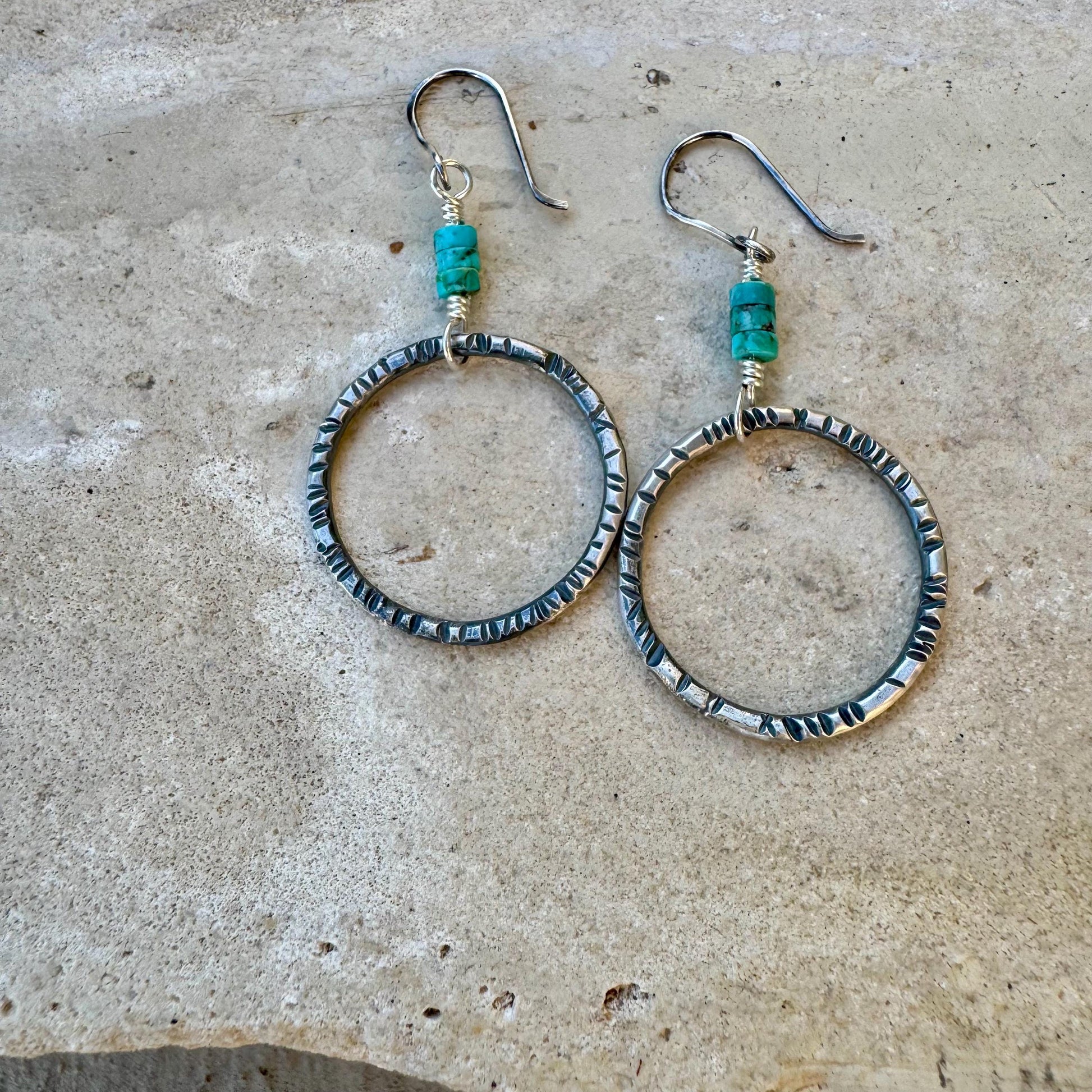 Turquoise Earrings, Sterling Silver Circles, Handmade Jewelry, Turquoise Jewelry, Circle Earrings