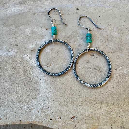Turquoise Earrings, Sterling Silver Circles, Handmade Jewelry, Turquoise Jewelry, Circle Earrings