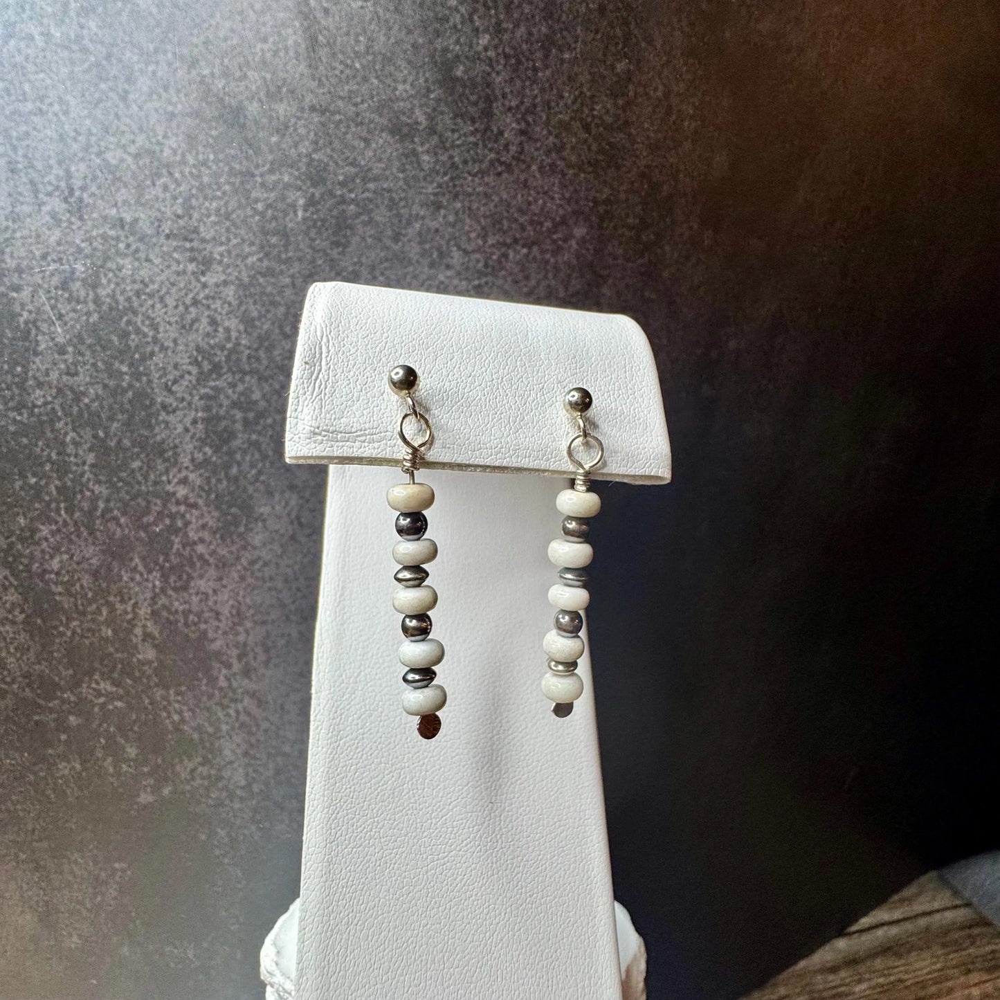 Navajo Pearls Earrings with White Turquoise, Dangle Sterling Silver Post Gemstone Earrings