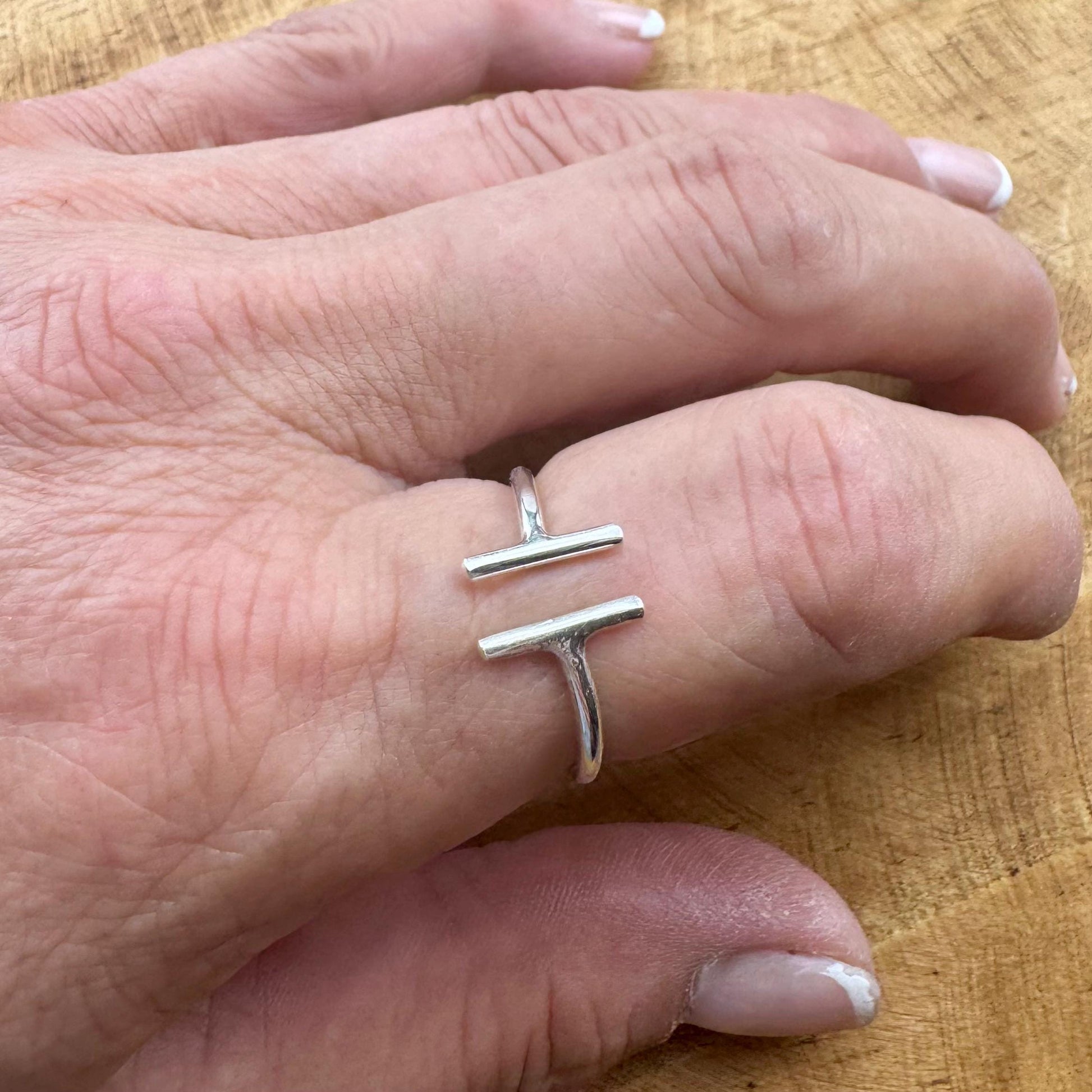 Double Bar Sterling Silver Ring, Open Band Rings, Geometric Bar Rings, Vertical Bar Ring, Handmade Parallel Bar Ring, Adjustable Ring