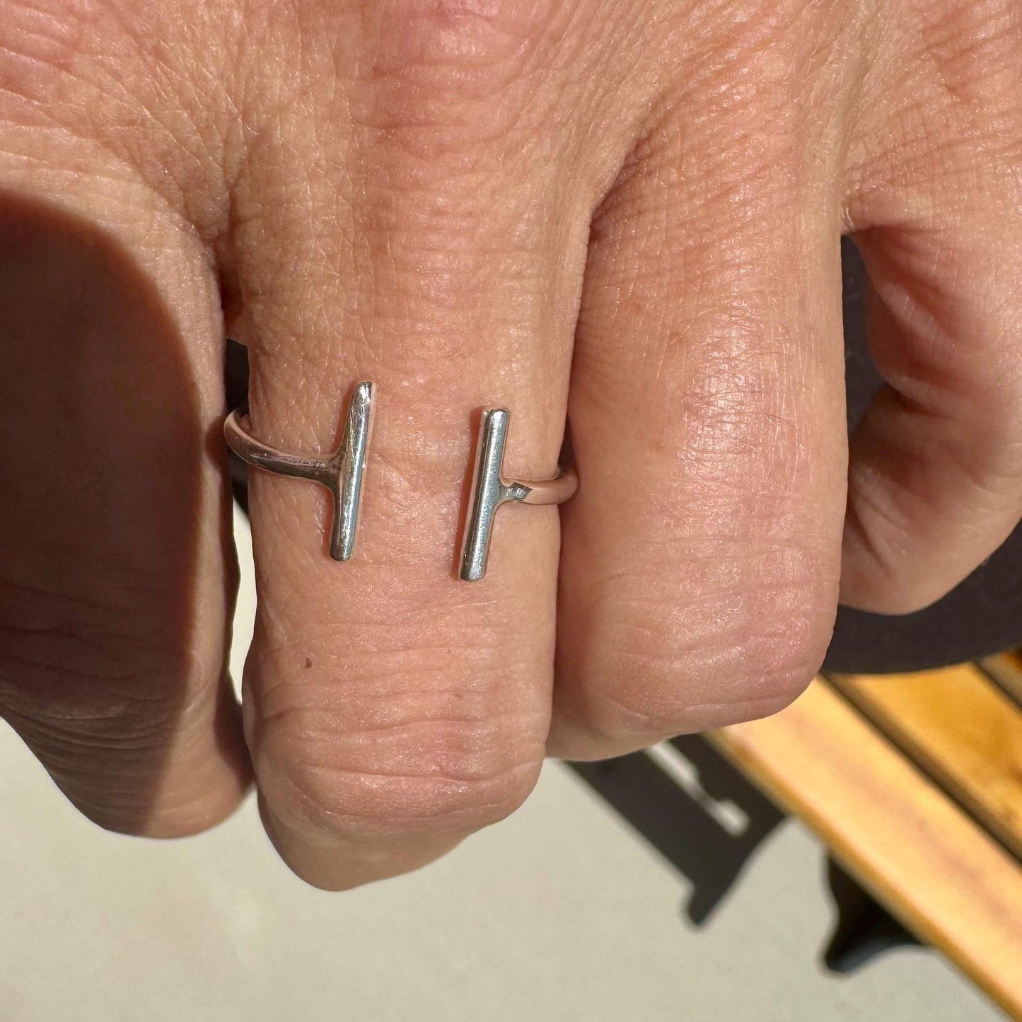 Double Bar Sterling Silver Ring, Open Band Rings, Geometric Bar Rings, Vertical Bar Ring, Handmade Parallel Bar Ring, Adjustable Ring