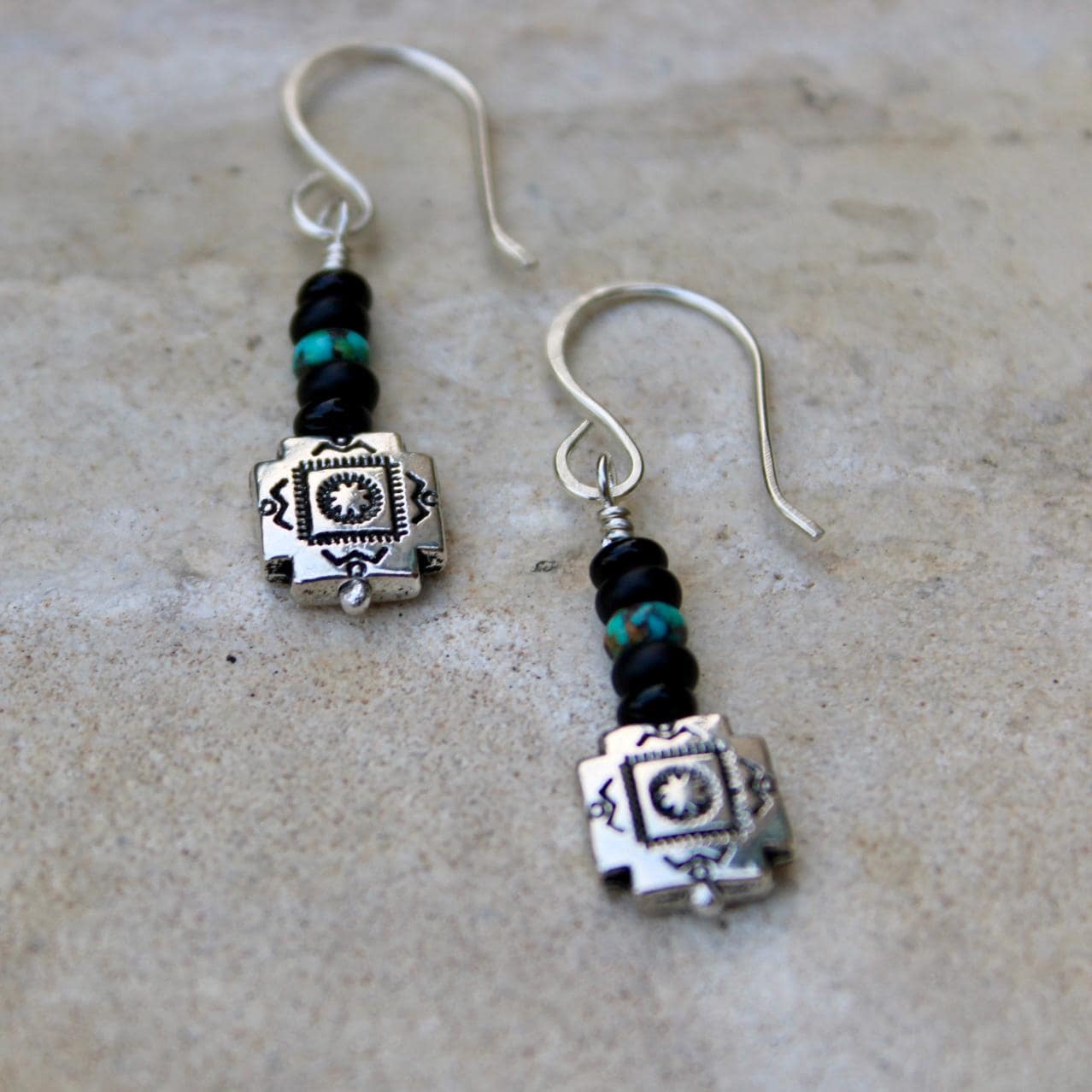 Southwestern Pendant Turquoise Earrings, Onyx Dangle Earrings, Turquoise Dangles, Boho Jewelry, Unique Earrings, Southwest Earrings