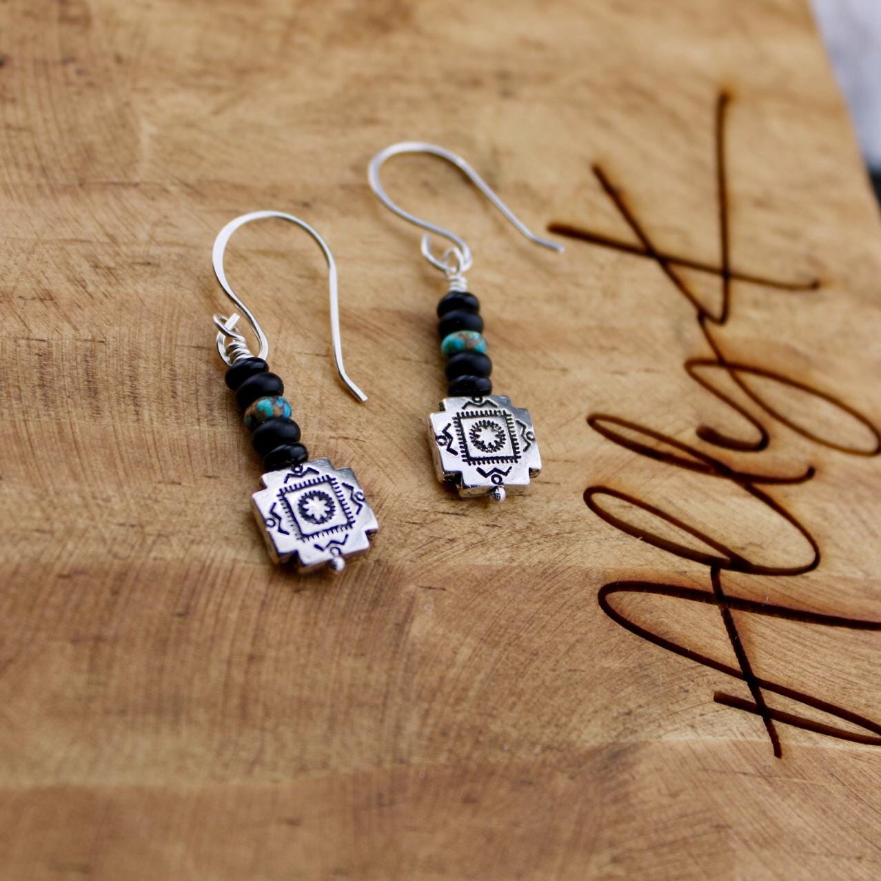 Southwestern Pendant Turquoise Earrings, Onyx Dangle Earrings, Turquoise Dangles, Boho Jewelry, Unique Earrings, Southwest Earrings