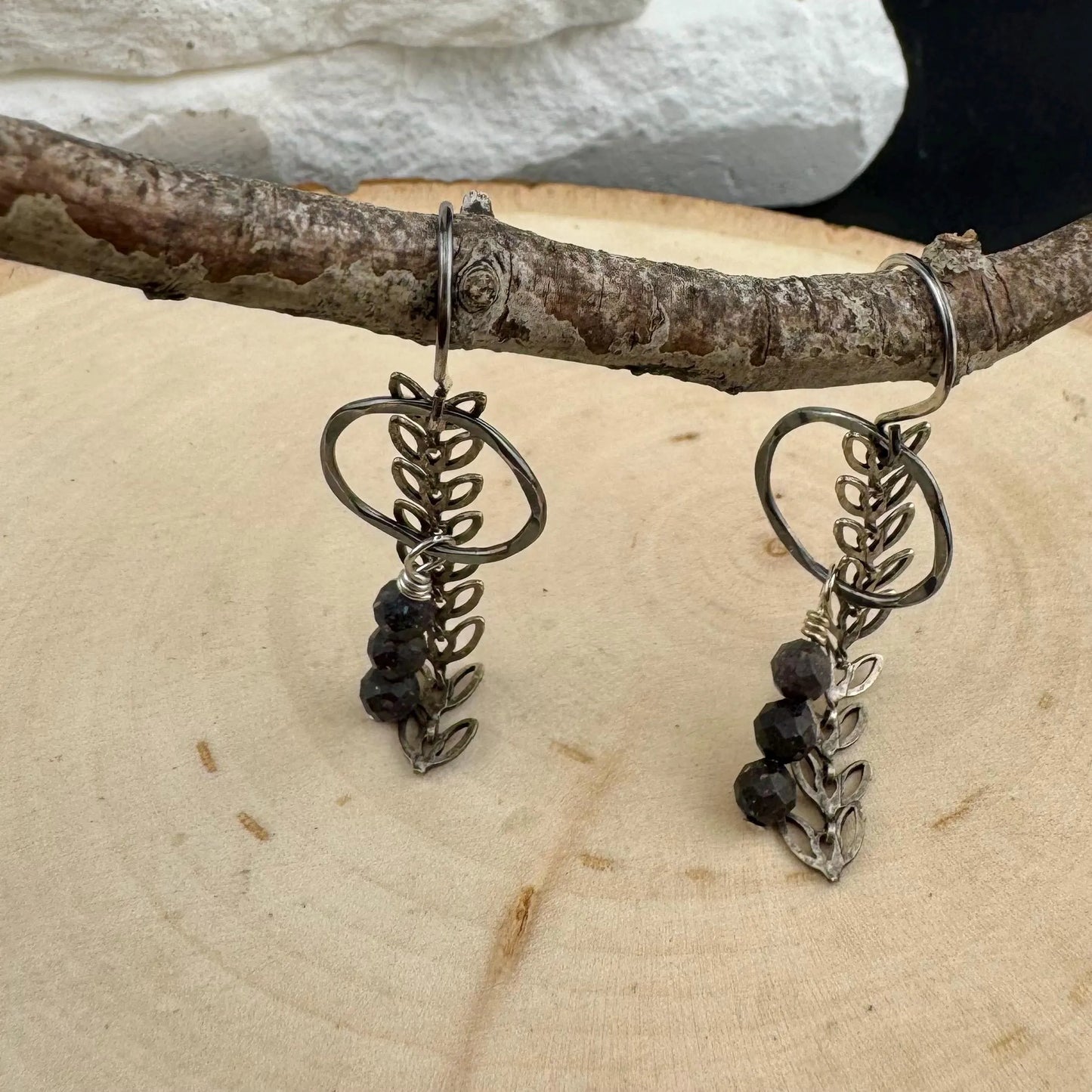 Handmade Australian Black Opal Sterling Silver Chain Circle Earrings