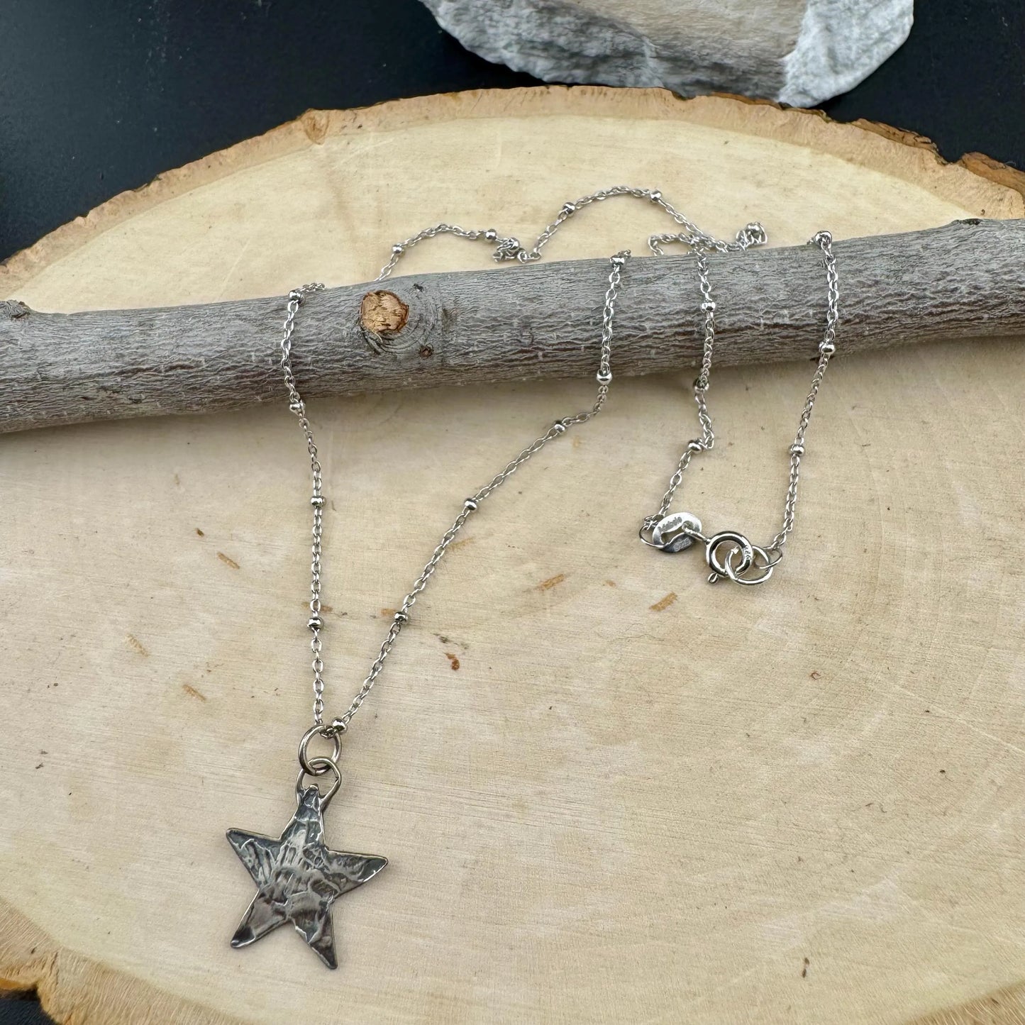 Sterling Silver Star Pendant Necklace – Hammered Charm, Delicate Satellite Chain