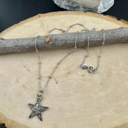Sterling Silver Star Pendant Necklace – Hammered Charm, Delicate Satellite Chain