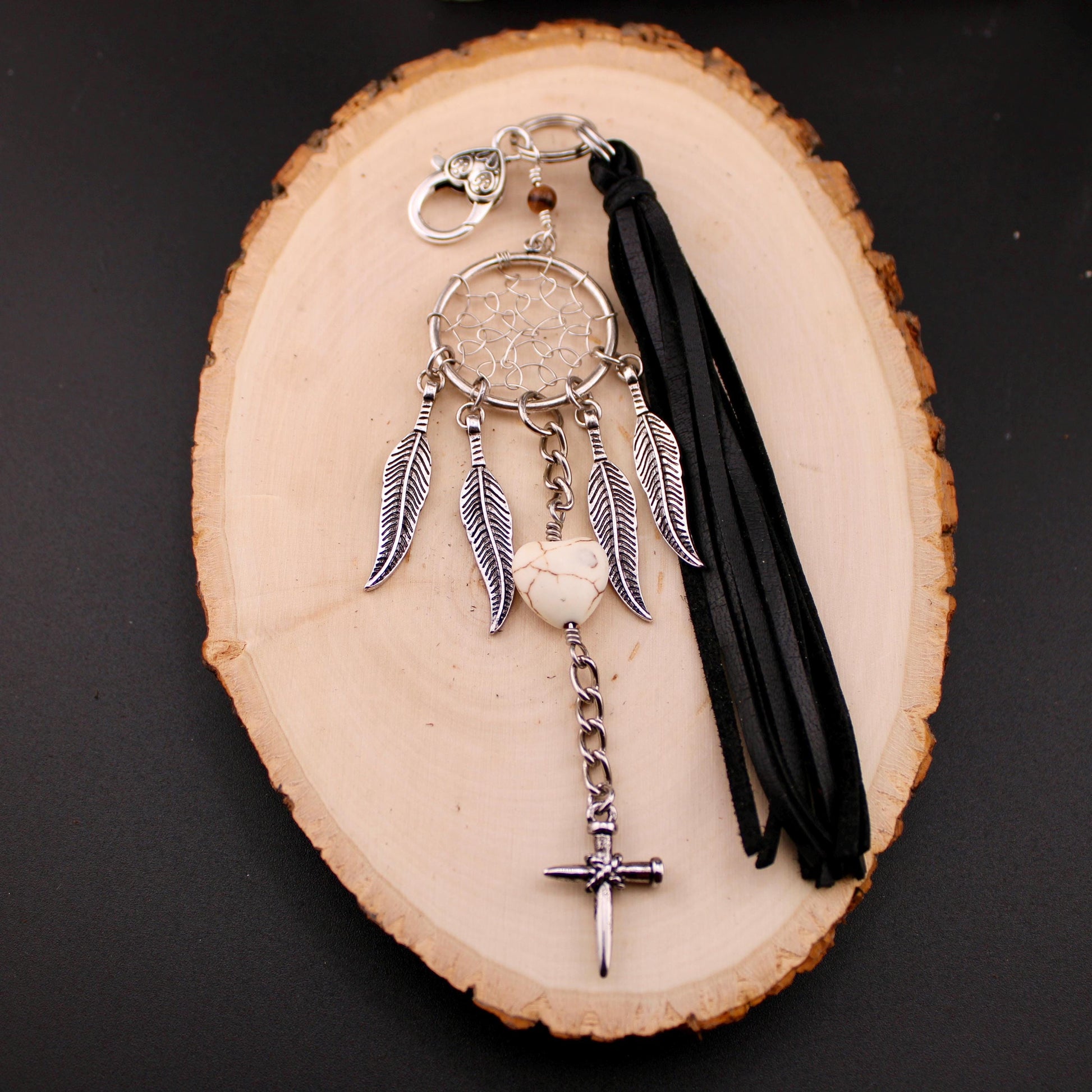Dream Catcher White Turquoise Leather Purse Tassel, Feather & Cross Charm, Western Accessory, Leather Beaded Handbag Charm Tassel