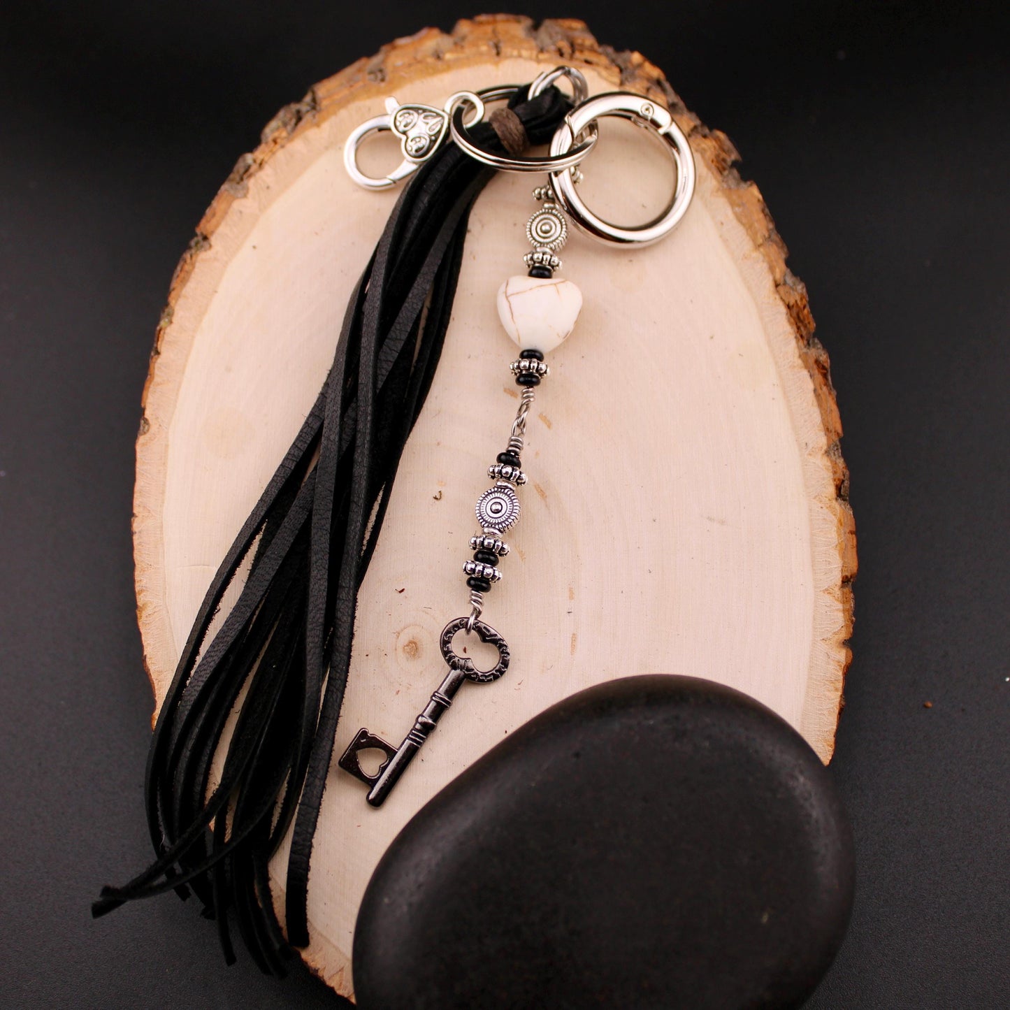 Key Charm Leather Purse Tassel with White Turquoise & Black Onyx, Whimsical Handbag Accessory, Western Accessory