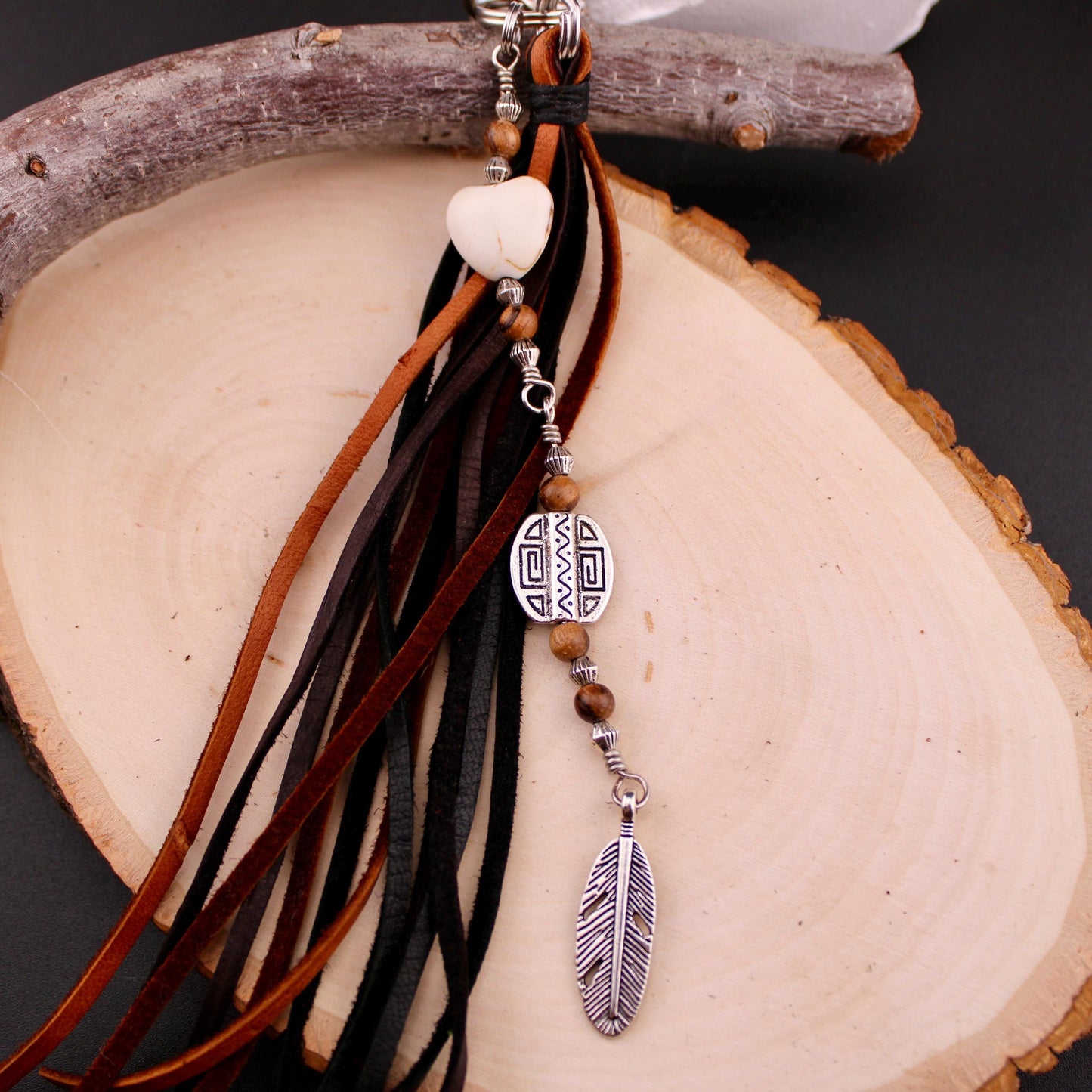 Tribal Oval Charm, White Turquoise Magnesite Heart Leather Purse Tassel, Southwest Purse Tassel, Heart Keychain, Leather Handbag Accessory