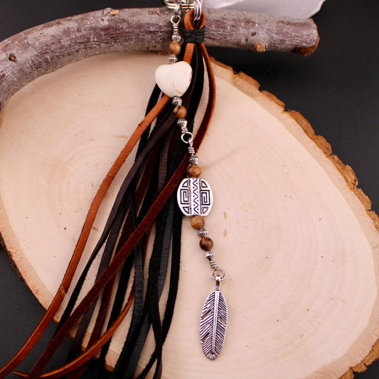 Tribal Oval Charm, White Turquoise Magnesite Heart Leather Purse Tassel, Southwest Purse Tassel, Heart Keychain, Leather Handbag Accessory