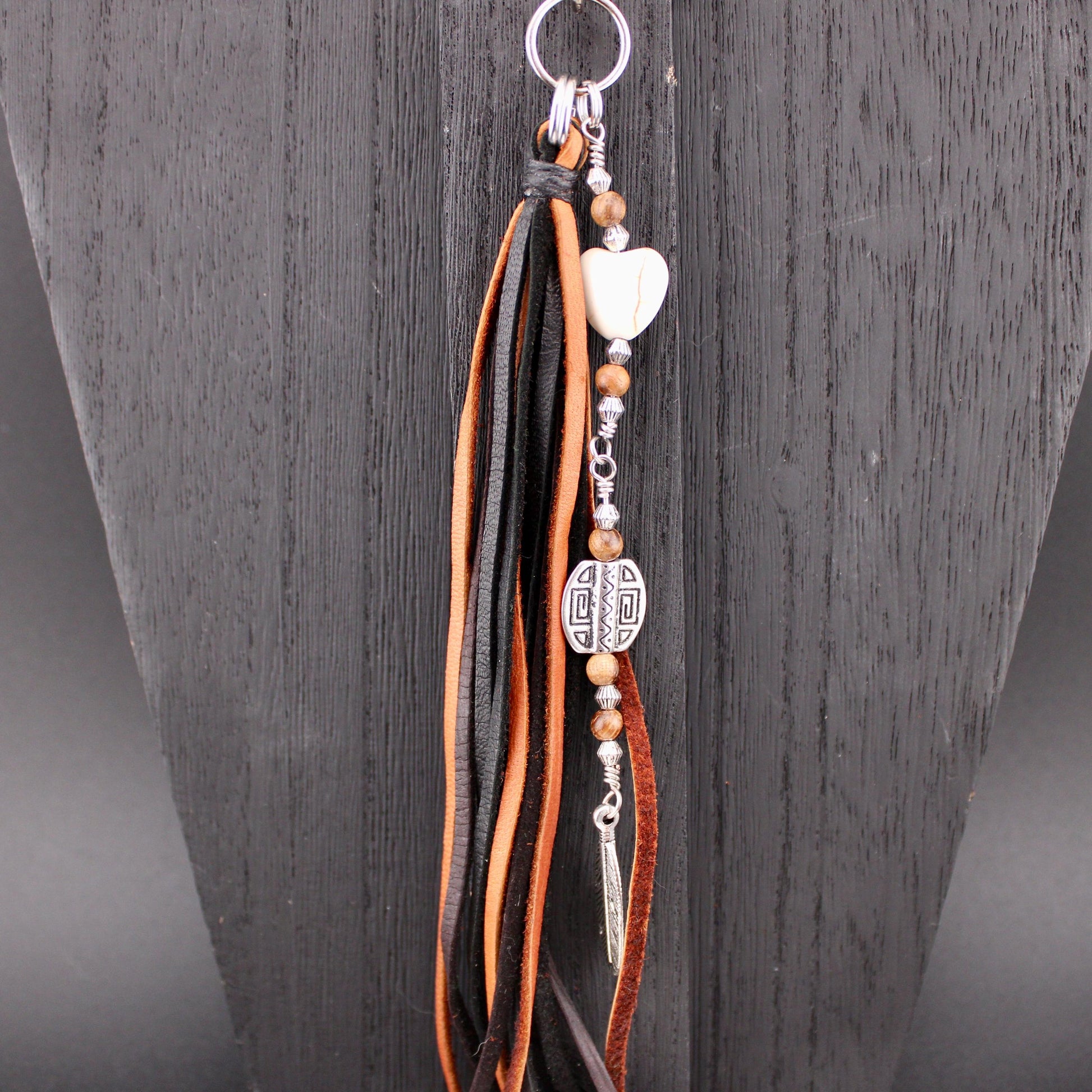 Tribal Oval Charm, White Turquoise Magnesite Heart Leather Purse Tassel, Southwest Purse Tassel, Heart Keychain, Leather Handbag Accessory