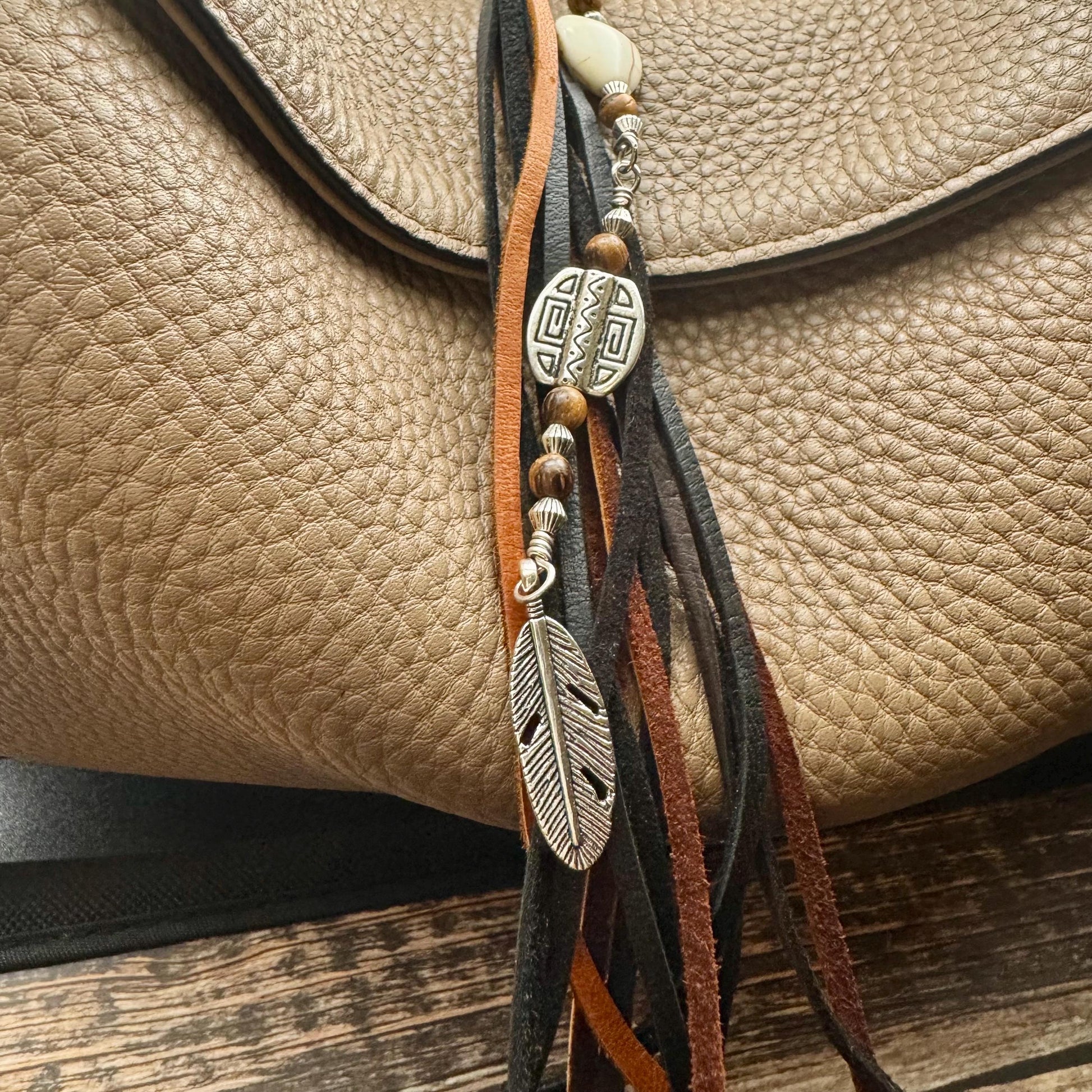 Tribal Oval Charm, White Turquoise Magnesite Heart Leather Purse Tassel, Southwest Purse Tassel, Heart Keychain, Leather Handbag Accessory