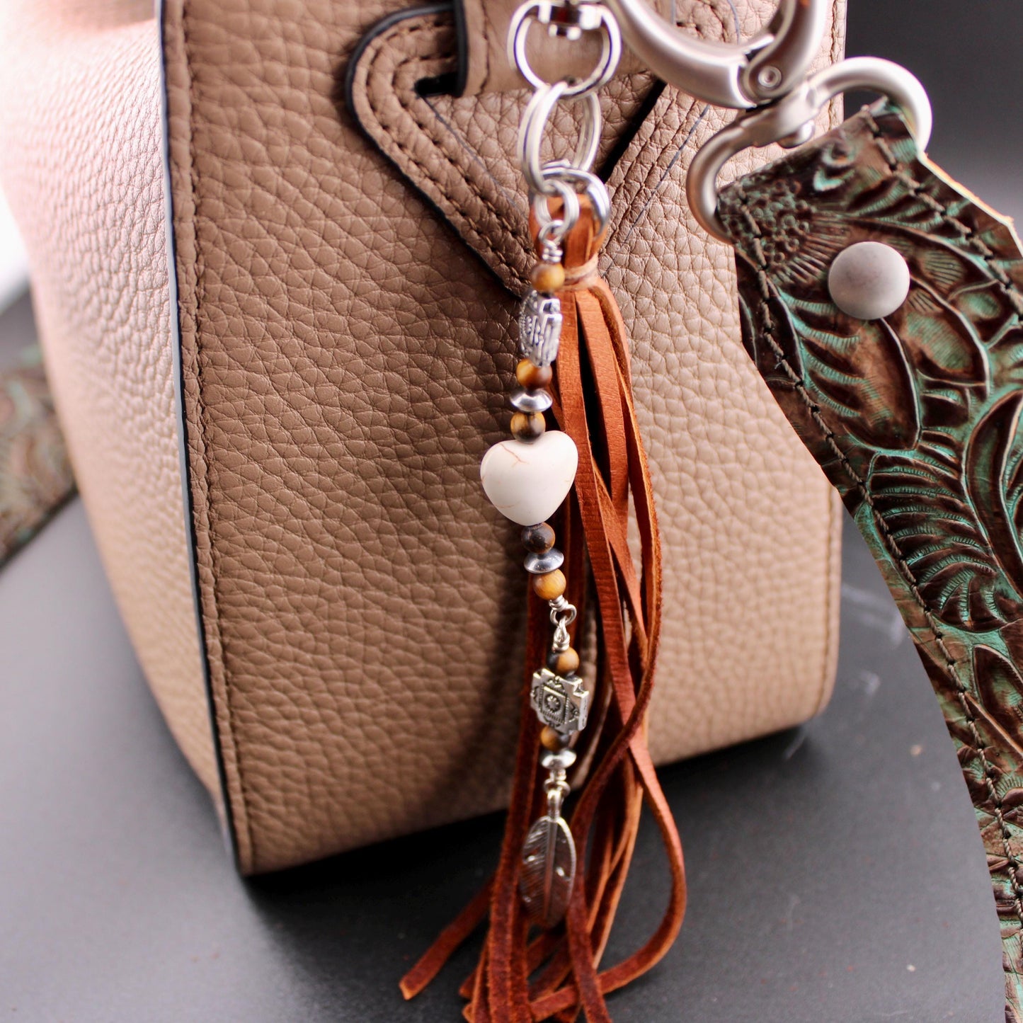 Tribal Cross Charm, White Turquoise Magnesite Heart Leather Purse Tassel, Southwest Purse Tassel, Heart Keychain, Leather Handbag Accessory