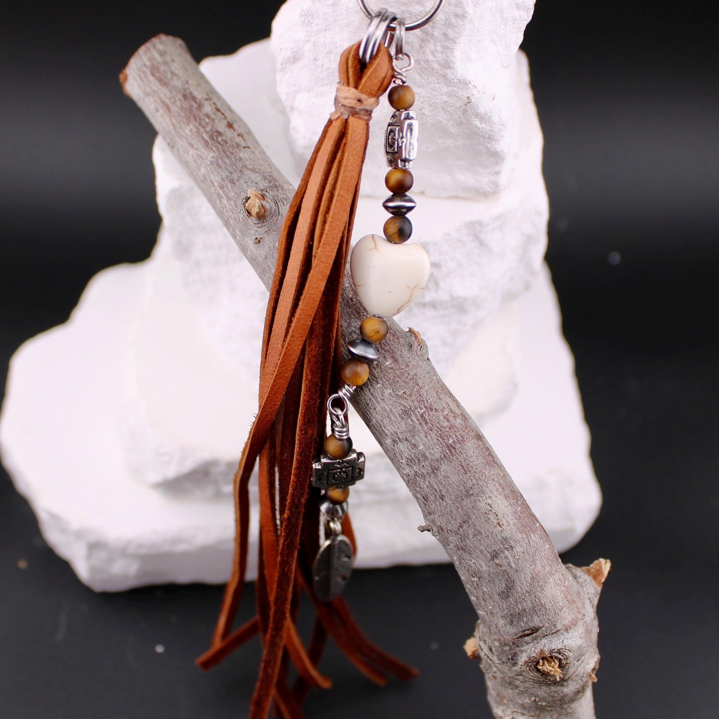Tribal Cross Charm, White Turquoise Magnesite Heart Leather Purse Tassel, Southwest Purse Tassel, Heart Keychain, Leather Handbag Accessory