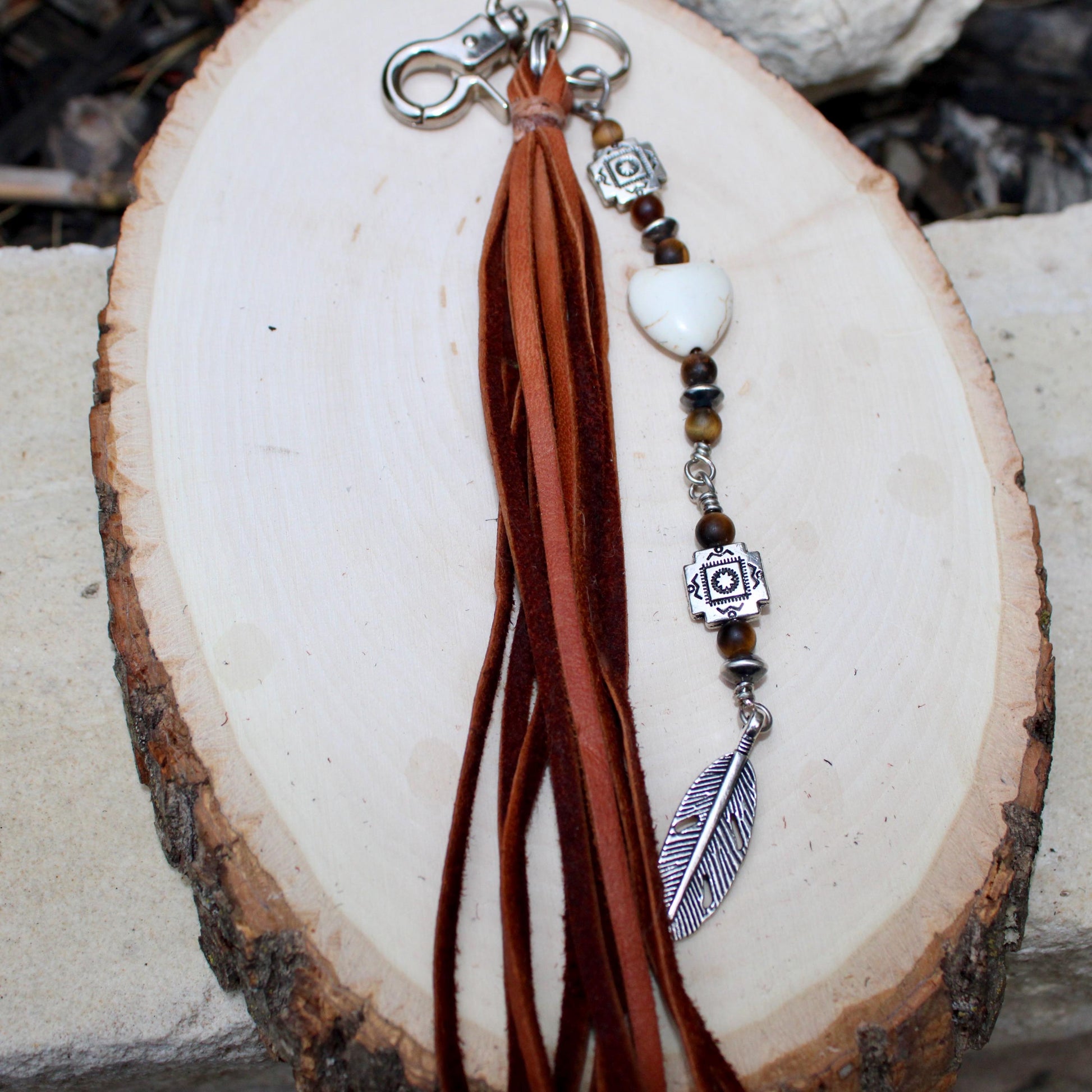 Tribal Cross Charm, White Turquoise Magnesite Heart Leather Purse Tassel, Southwest Purse Tassel, Heart Keychain, Leather Handbag Accessory