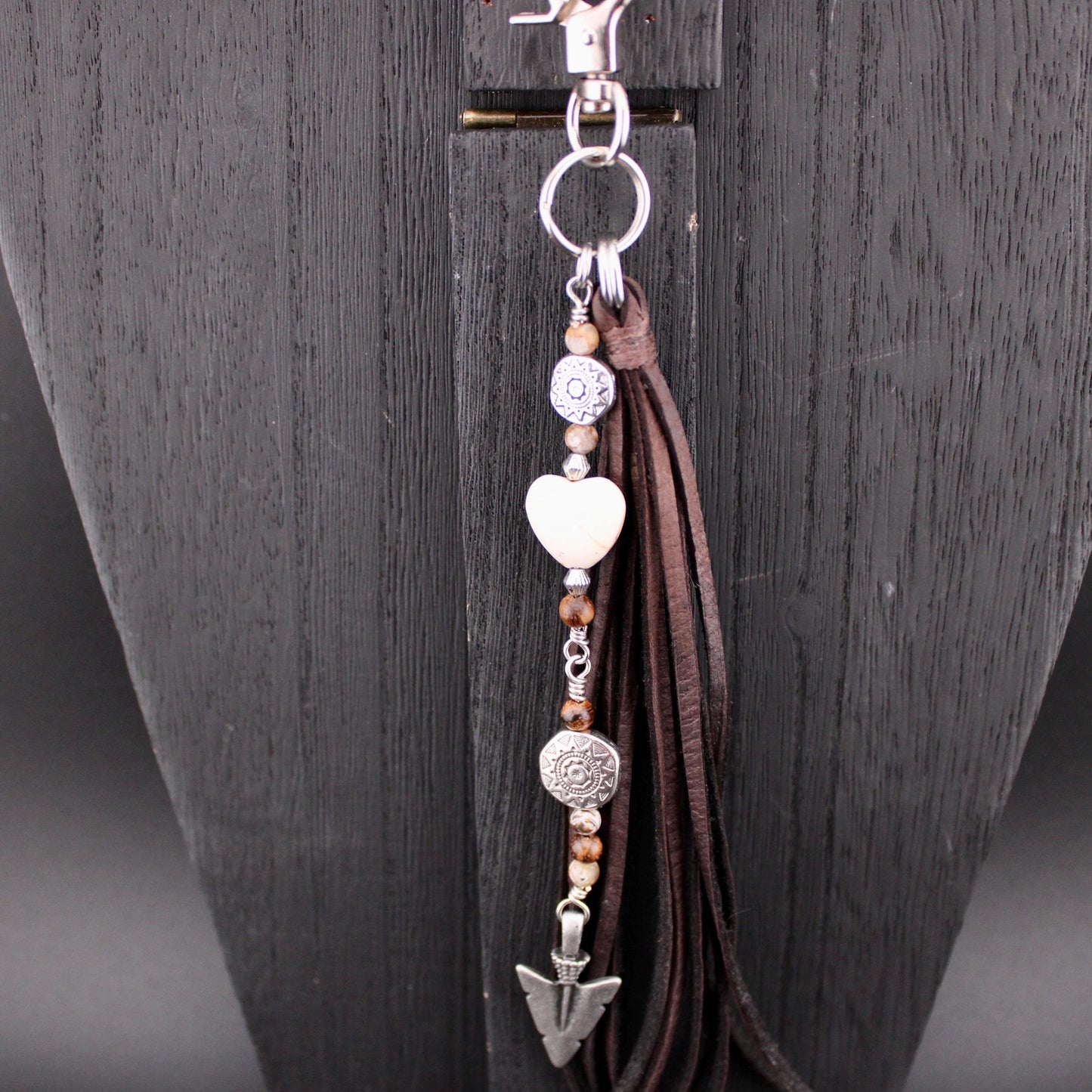 Tribal Sun Charm, White Turquoise Magnesite Heart Leather Purse Tassel, Southwestern Tassel, Heart Keychain, Leather Handbag Accessory