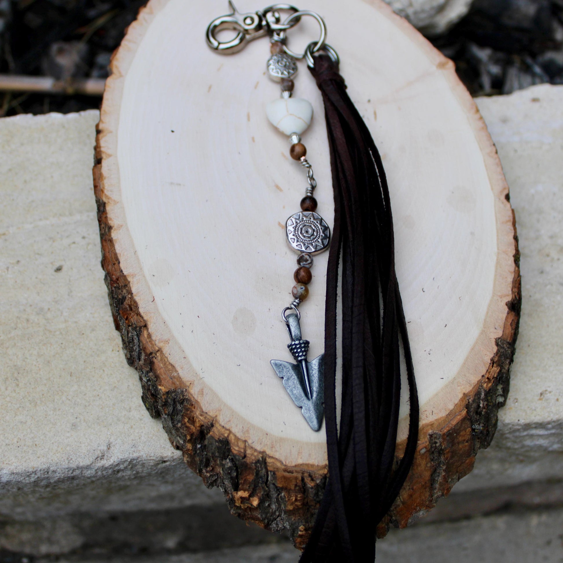 Tribal Sun Charm, White Turquoise Magnesite Heart Leather Purse Tassel, Southwestern Tassel, Heart Keychain, Leather Handbag Accessory