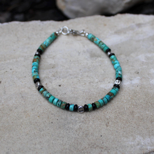 Turquoise and Black Onyx Sterling Silver Bracelet, Evil Eye Beaded Bracelet, Sterling Jewelry, Gemstone Bracelet, Turquoise Jewelry