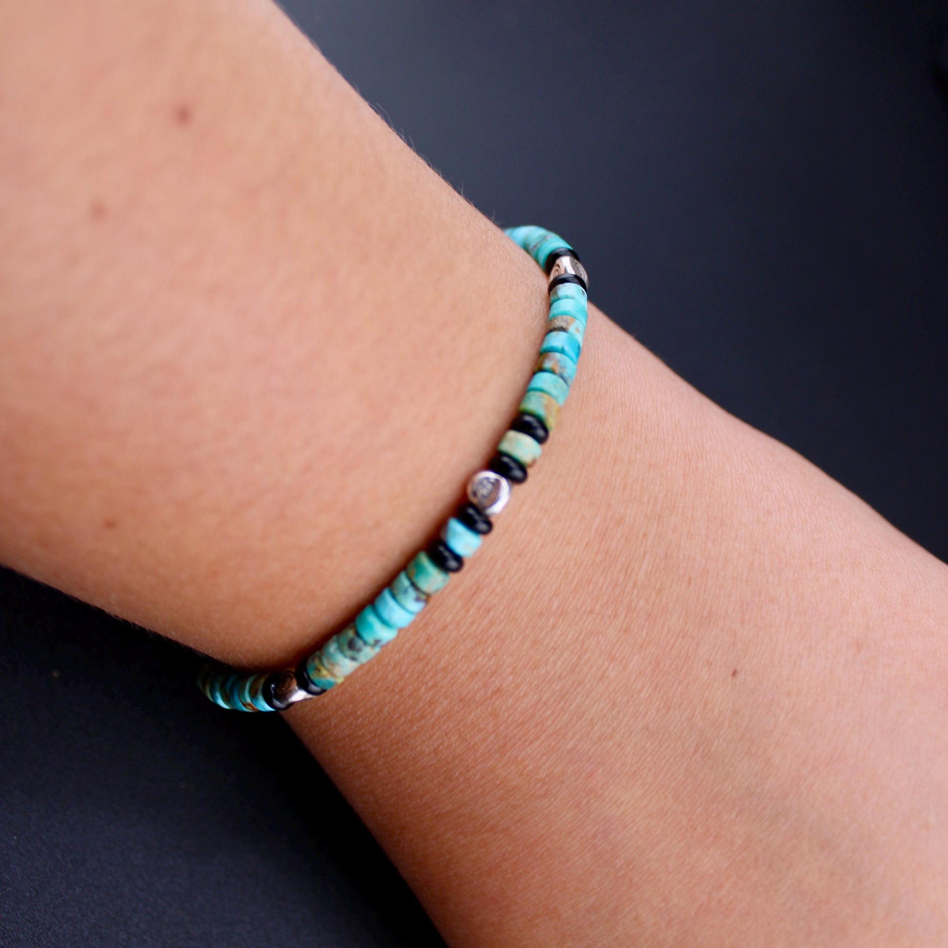 Turquoise and Black Onyx Sterling Silver Bracelet, Evil Eye Beaded Bracelet, Sterling Jewelry, Gemstone Bracelet, Turquoise Jewelry