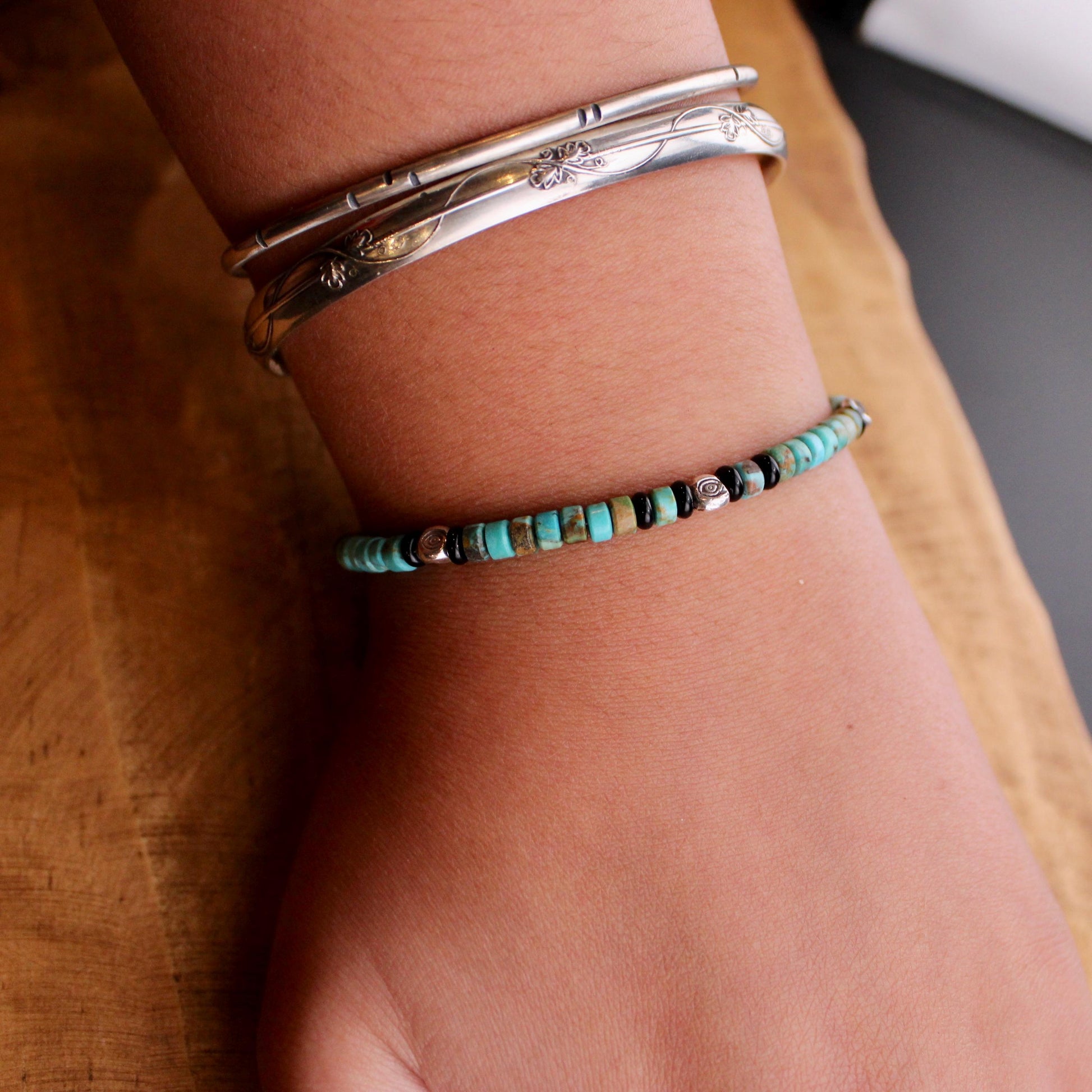 Turquoise and Black Onyx Sterling Silver Bracelet, Evil Eye Beaded Bracelet, Sterling Jewelry, Gemstone Bracelet, Turquoise Jewelry