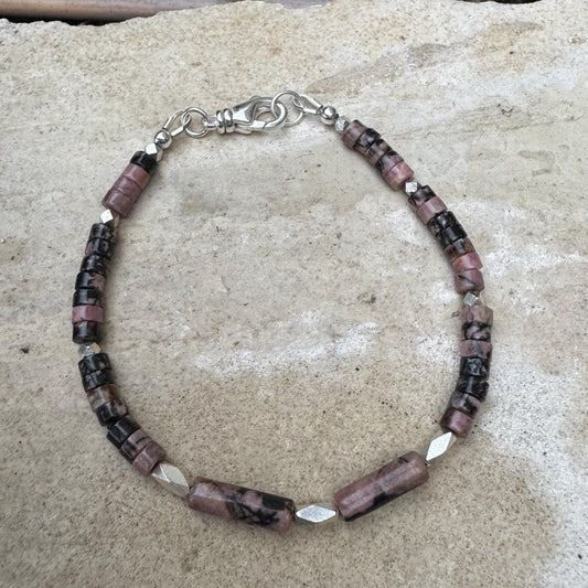 Black Pink Rhodonite and Sterling Silver Bracelet, Gemstone Beaded Bracelet, Handmade Jewelry, Unique Gemstone Bracelet