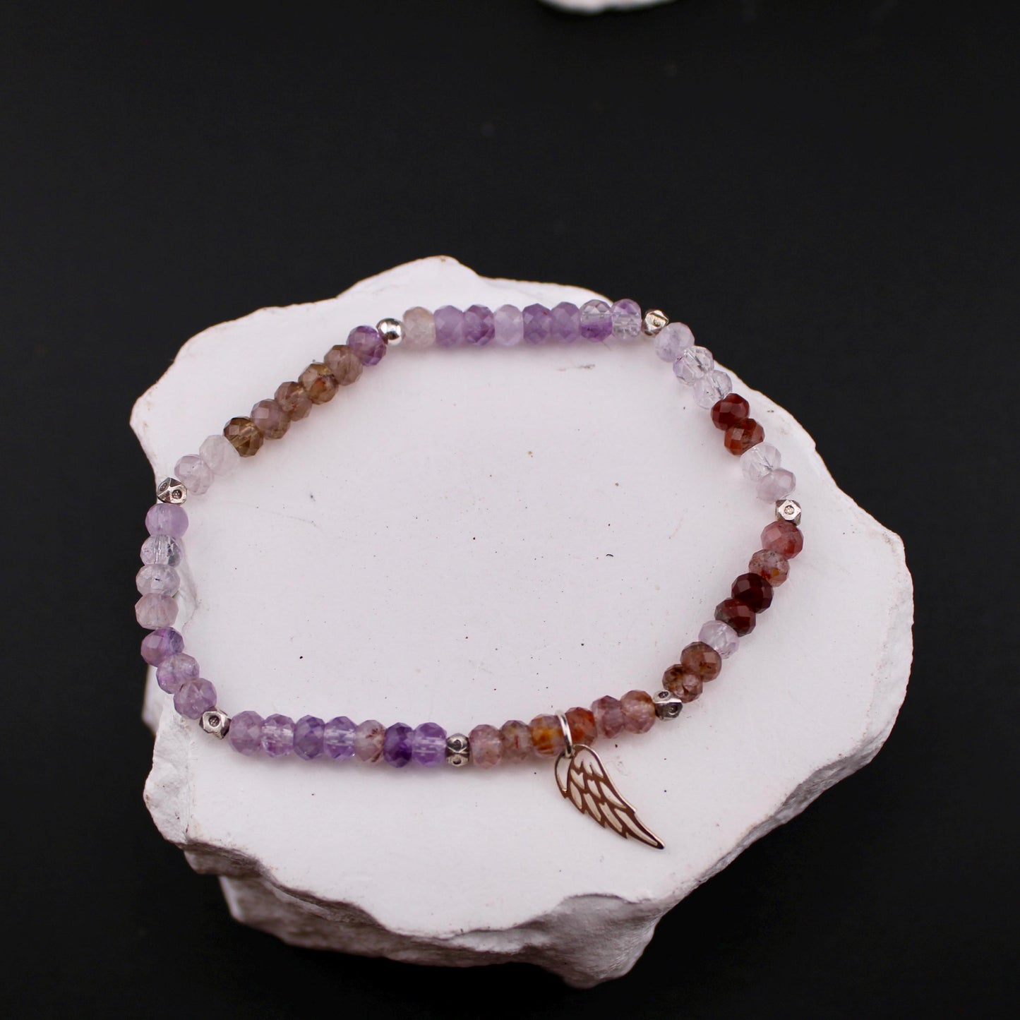 Stretch Auralite 23 Bracelet with Angel Wing Sterling Silver Charm, Cacoxenite Gemstone Bracelet, Rare Beaded Gemstone Bracelet Jewelry