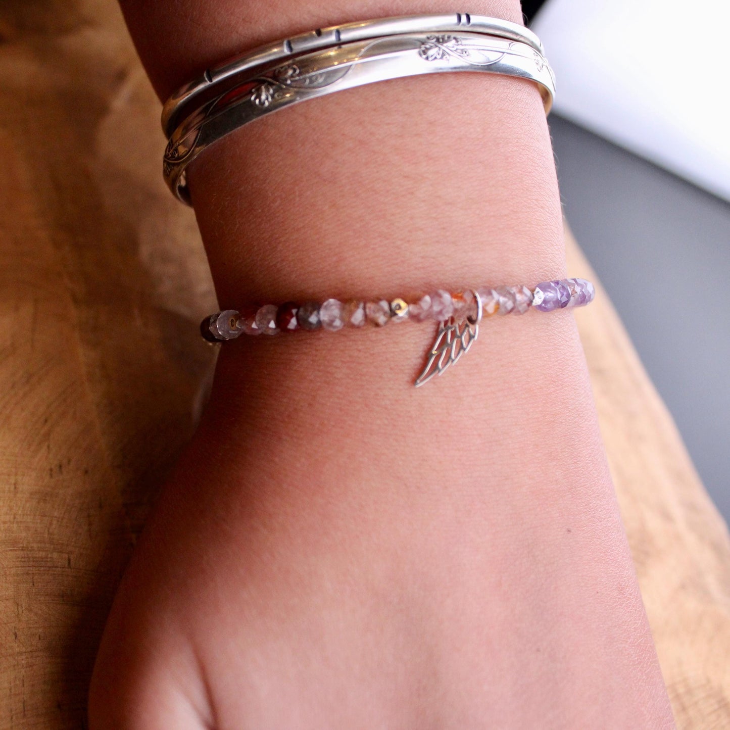 Stretch Auralite 23 Bracelet with Angel Wing Sterling Silver Charm, Cacoxenite Gemstone Bracelet, Rare Beaded Gemstone Bracelet Jewelry